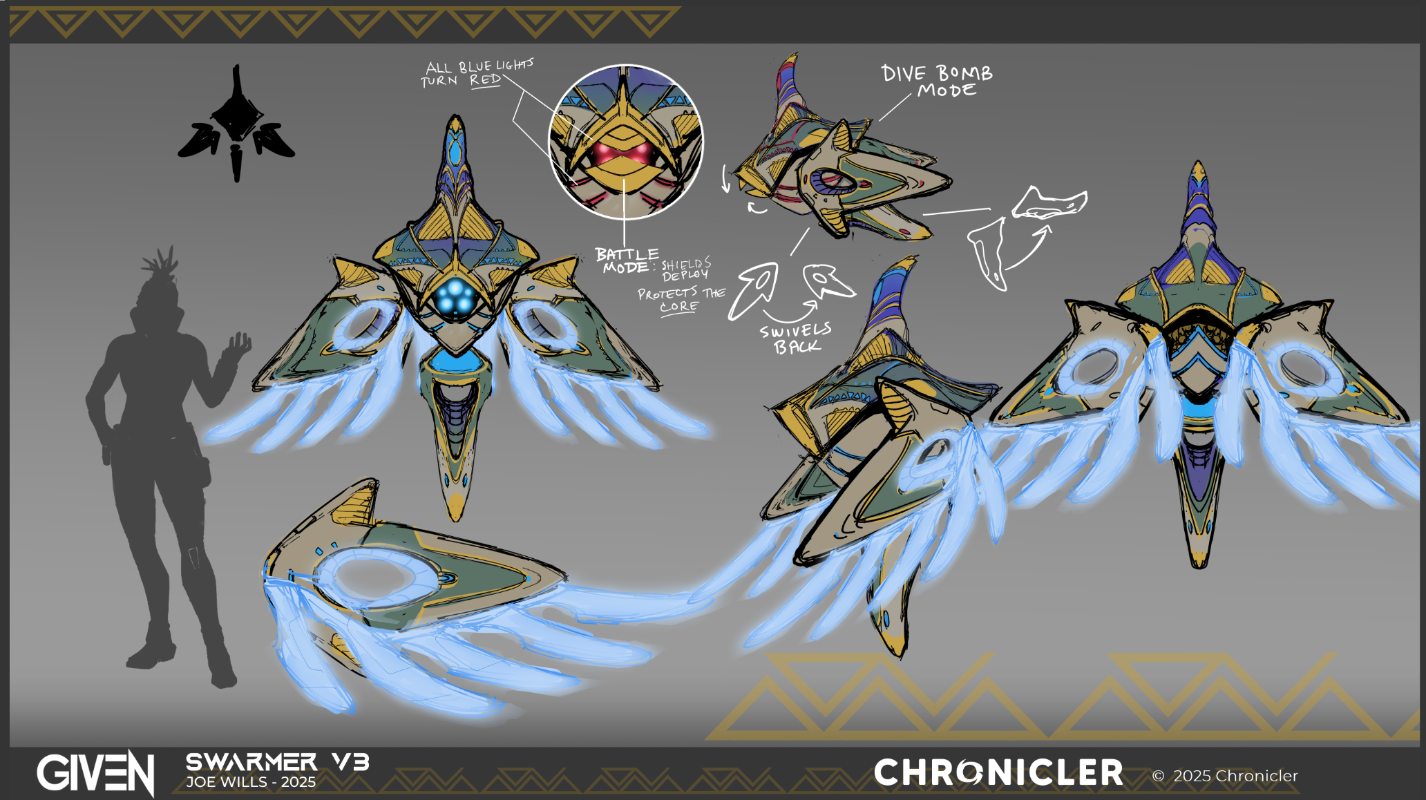 Concept art of a futuristic, insect-like spaceship with glowing blue thrusters, depicted from multiple angles, with annotations for its features such as 'dive bomb mode,' 'battle mode,' and 'shields deploy.' A silhouette of a person is included for s