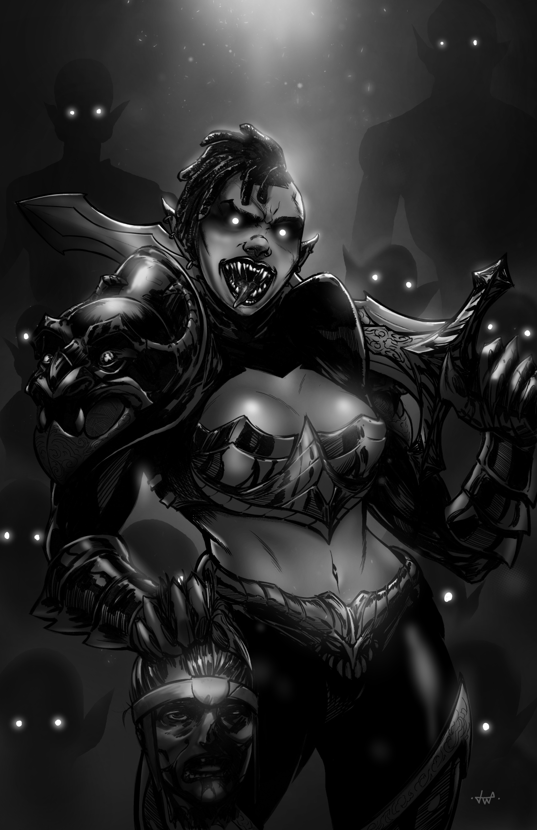 A fierce warrior woman with pointed ears, glowing eyes, and sharp teeth, wearing armor with bat-like wings on her back, holding a sword, surrounded by shadowy demon-like figures with glowing eyes in a dark, ominous setting.