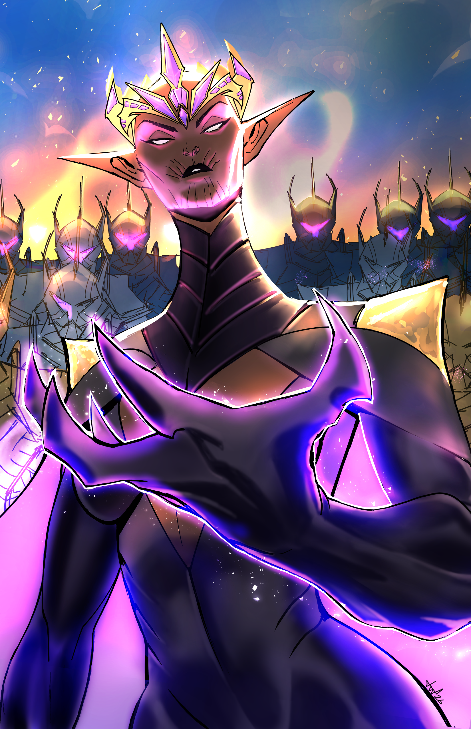 A digital illustration of a fantasy character with purple skin, elf-like pointed ears, and glowing eyes. The character wears a crown with purple gemstones and armor with sharp, spiked details. In the background, a group of armored warriors with glowi