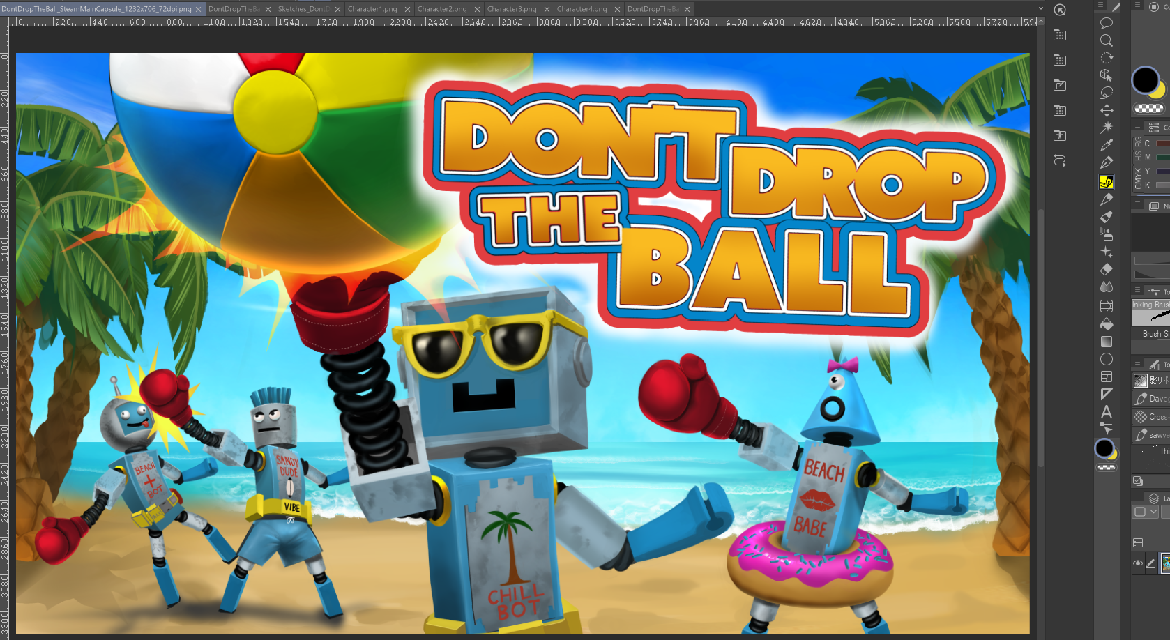 Cartoon robots at the beach having fun, with a beach ball and palm trees, in front of a large colorful banner that reads 'DON'T DROP THE BALL'.