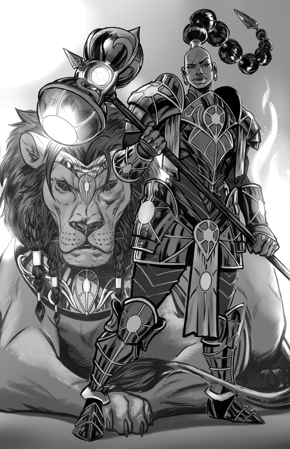 Black and white illustration of a fierce woman in armor holding a spear, with a large lion wearing ornate jewelry in the background.