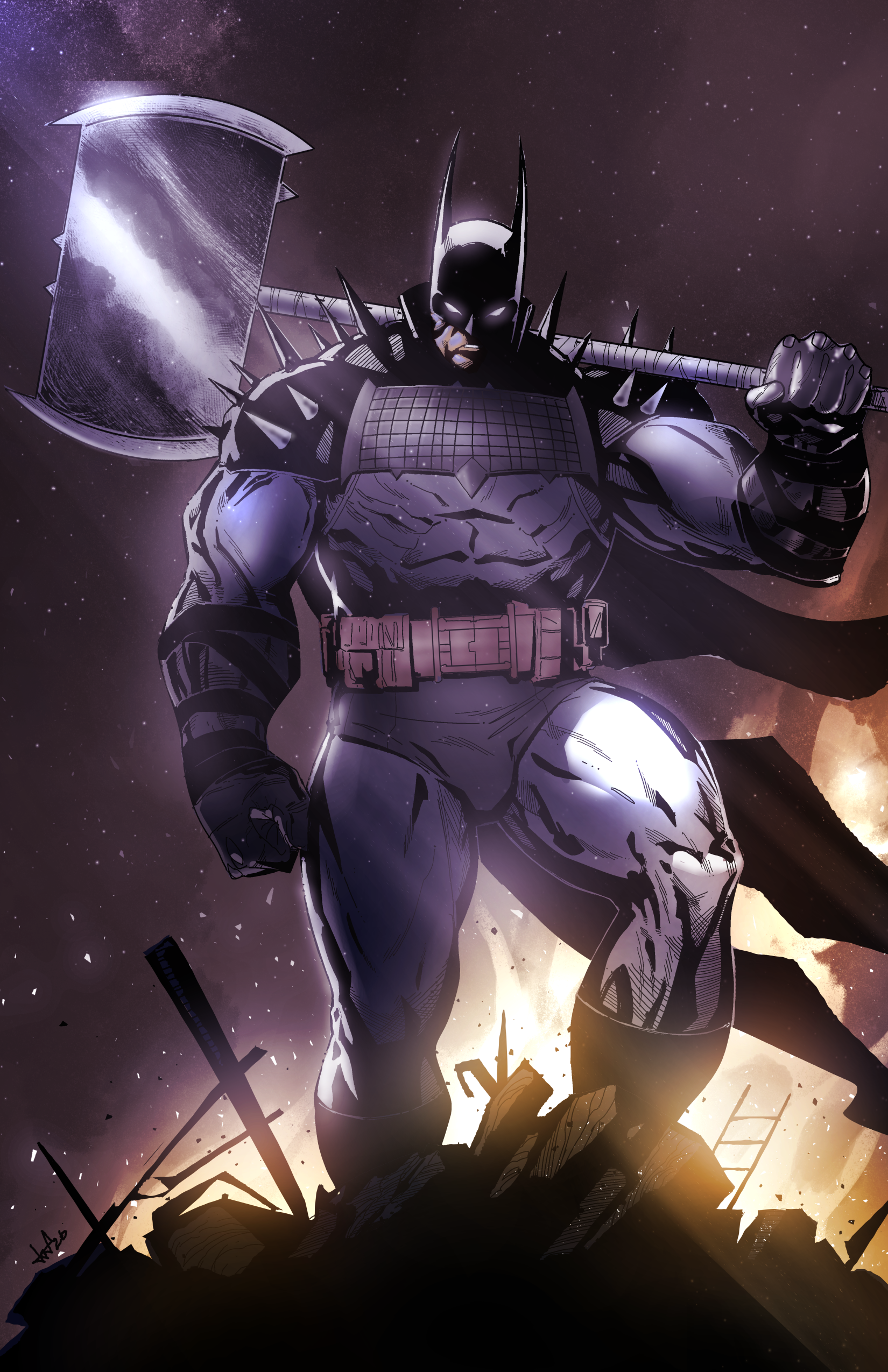 Dark, muscular comic book character with bat symbol on his chest, spiked armor, and a large hammer, standing against a starry space background with debris and destruction.