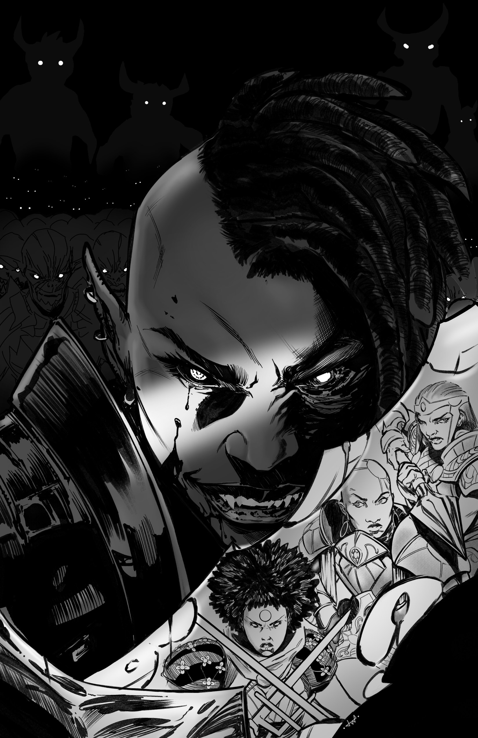 Black and white comic-style illustration of fierce warriors with detailed facial expressions and armor, in a dynamic scene with intense emotions.