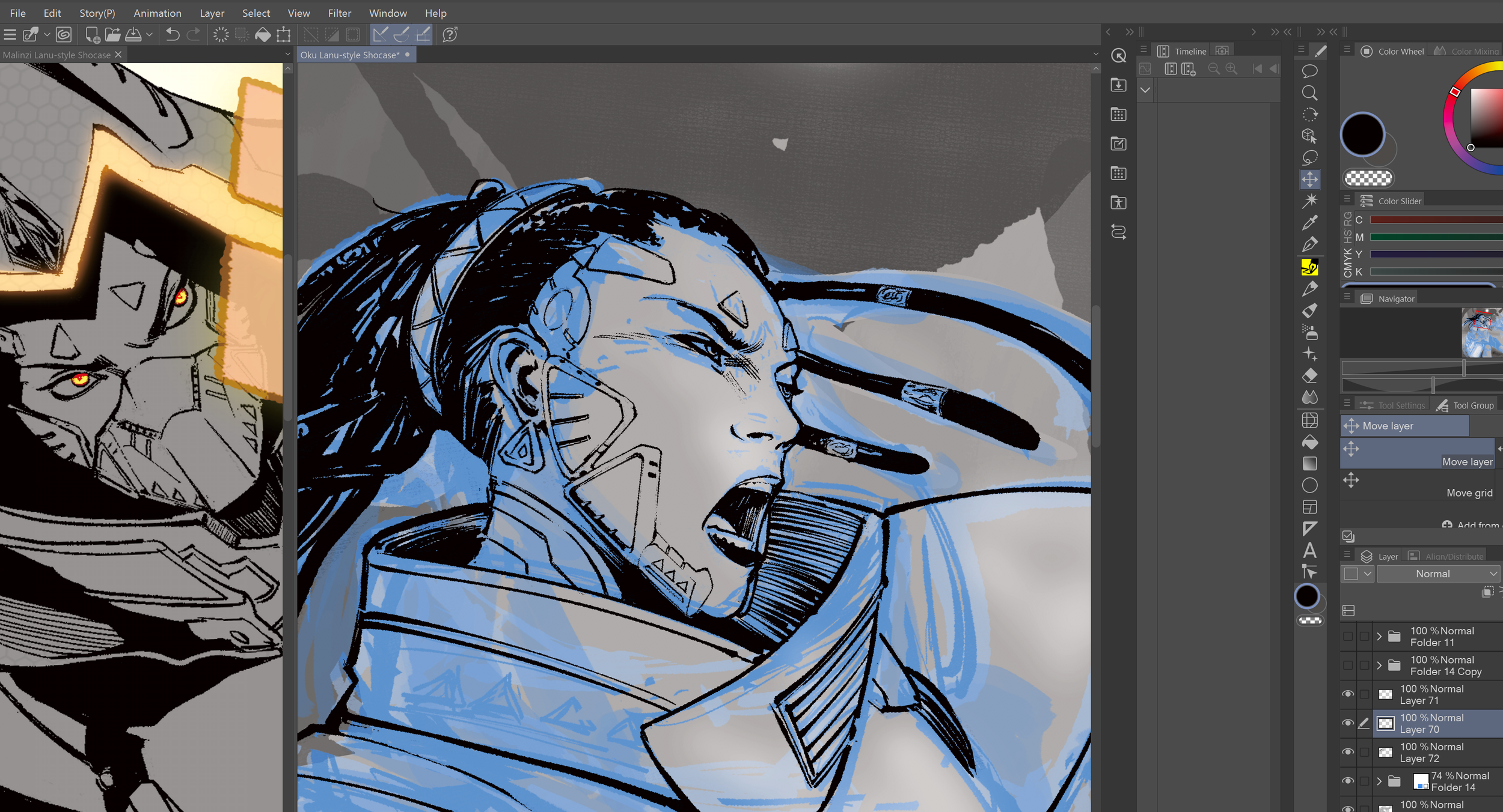Digital illustration of a female cyborg with cybernetic enhancements and long hair, wearing a high-tech suit, in a science fiction style.