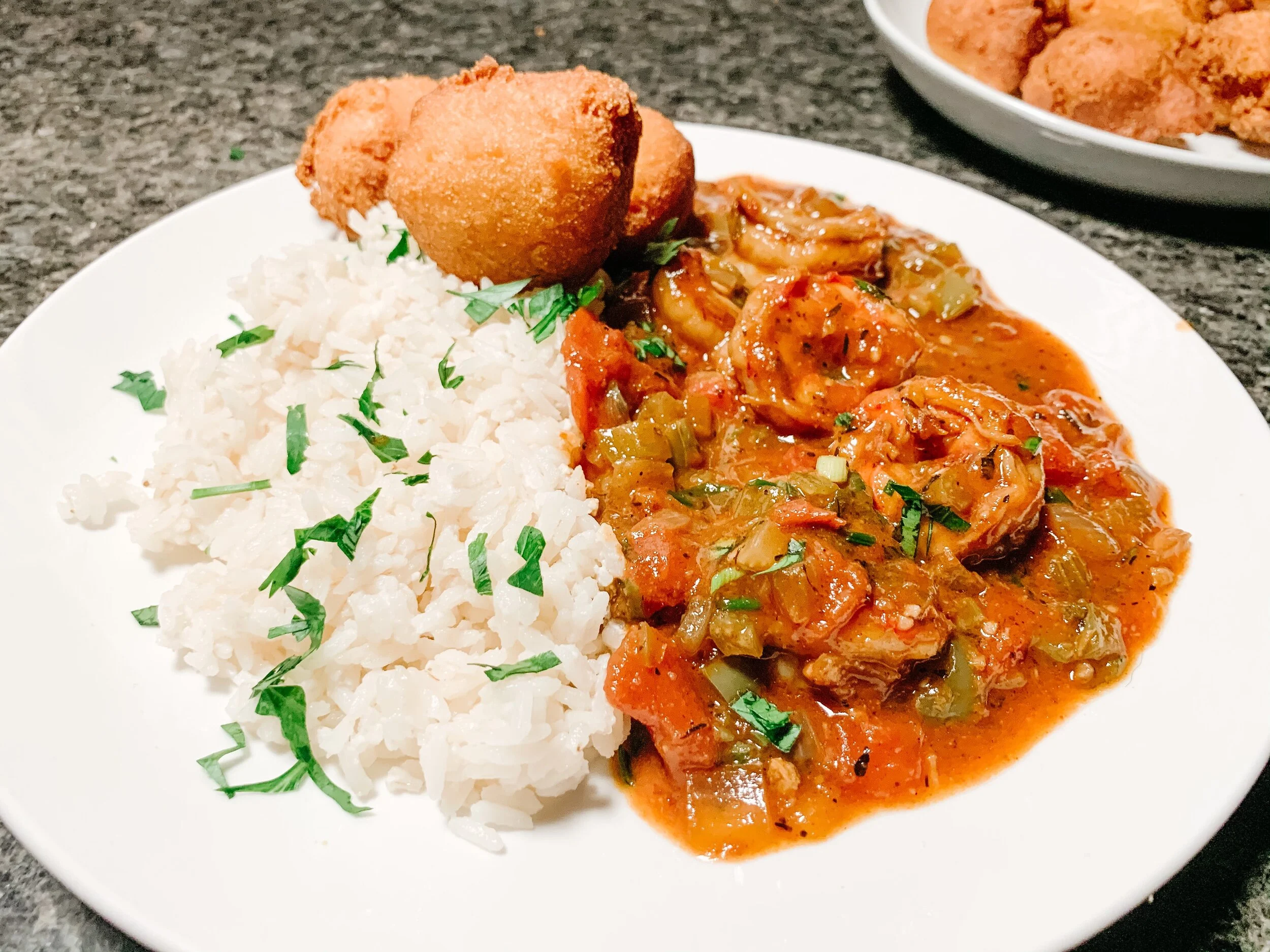 Shrimp Creole with Coconut Rice &amp; Hushpuppies 