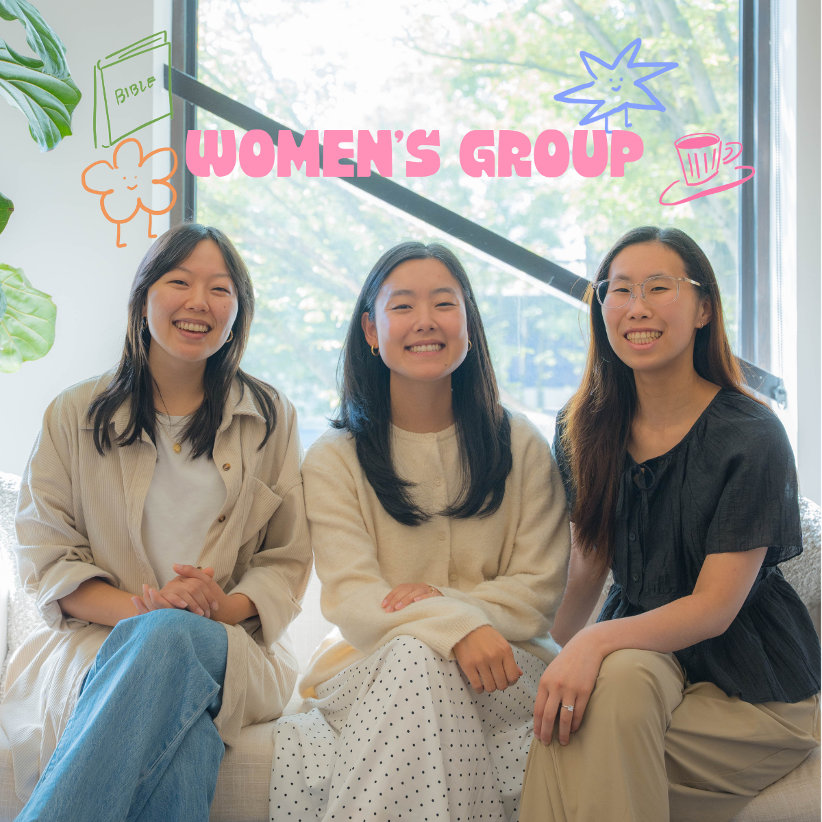 Three women sitting on a sofa in front of a window, smiling, with colorful doodles and the text 'Women's Group' added on the image.
