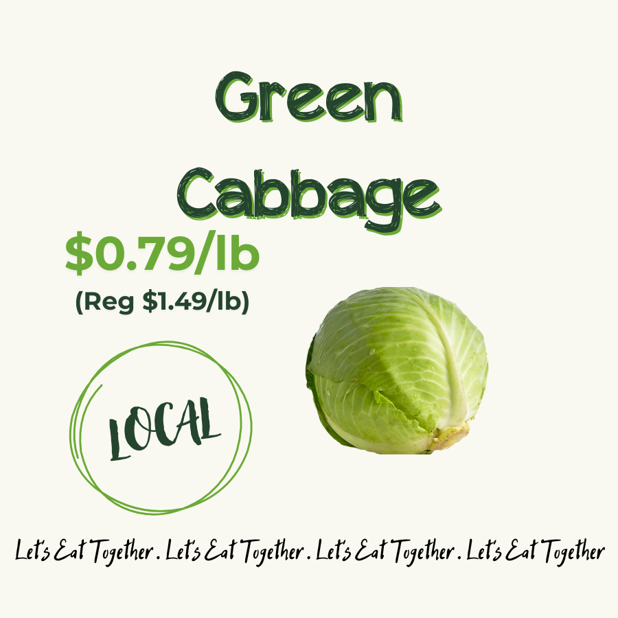 A sign advertising green cabbage for $0.79 per pound, with the regular price of $1.49 per pound, featuring an image of a green cabbage and the phrase 'Let's Eat Together' repeated at the bottom.