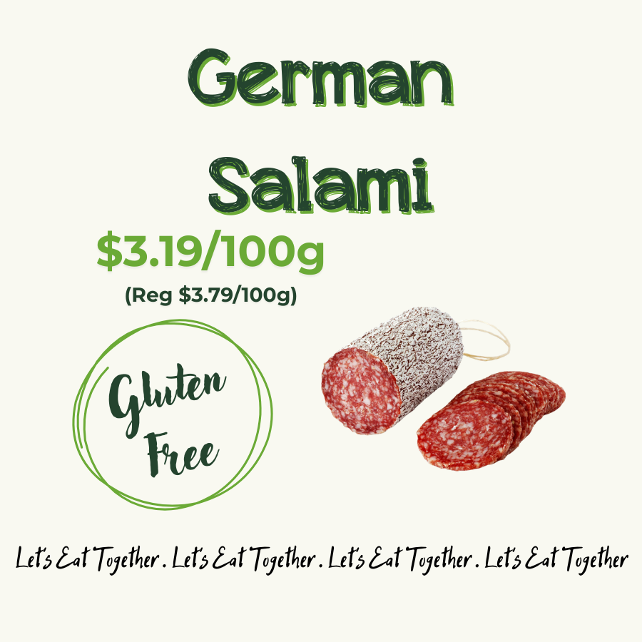Package of gluten-free German salami with price and promotional text