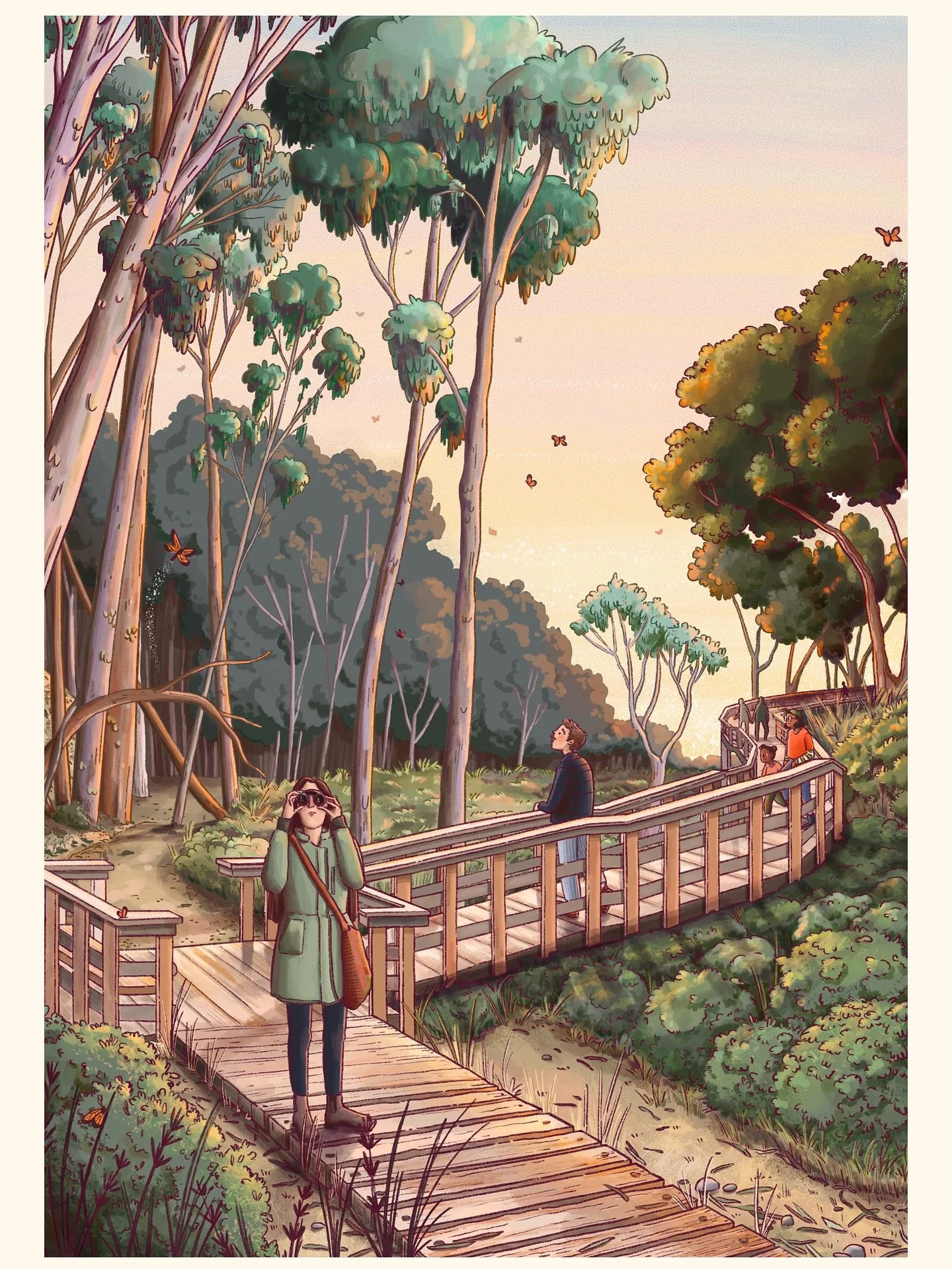 The Monarch Trail - number three in the Santa Cruz illustrations series! You gotta be in town at the right time of year to catch sight of the monarchs. I have so many good memories of walks with friends and family through this trail. Have you been to