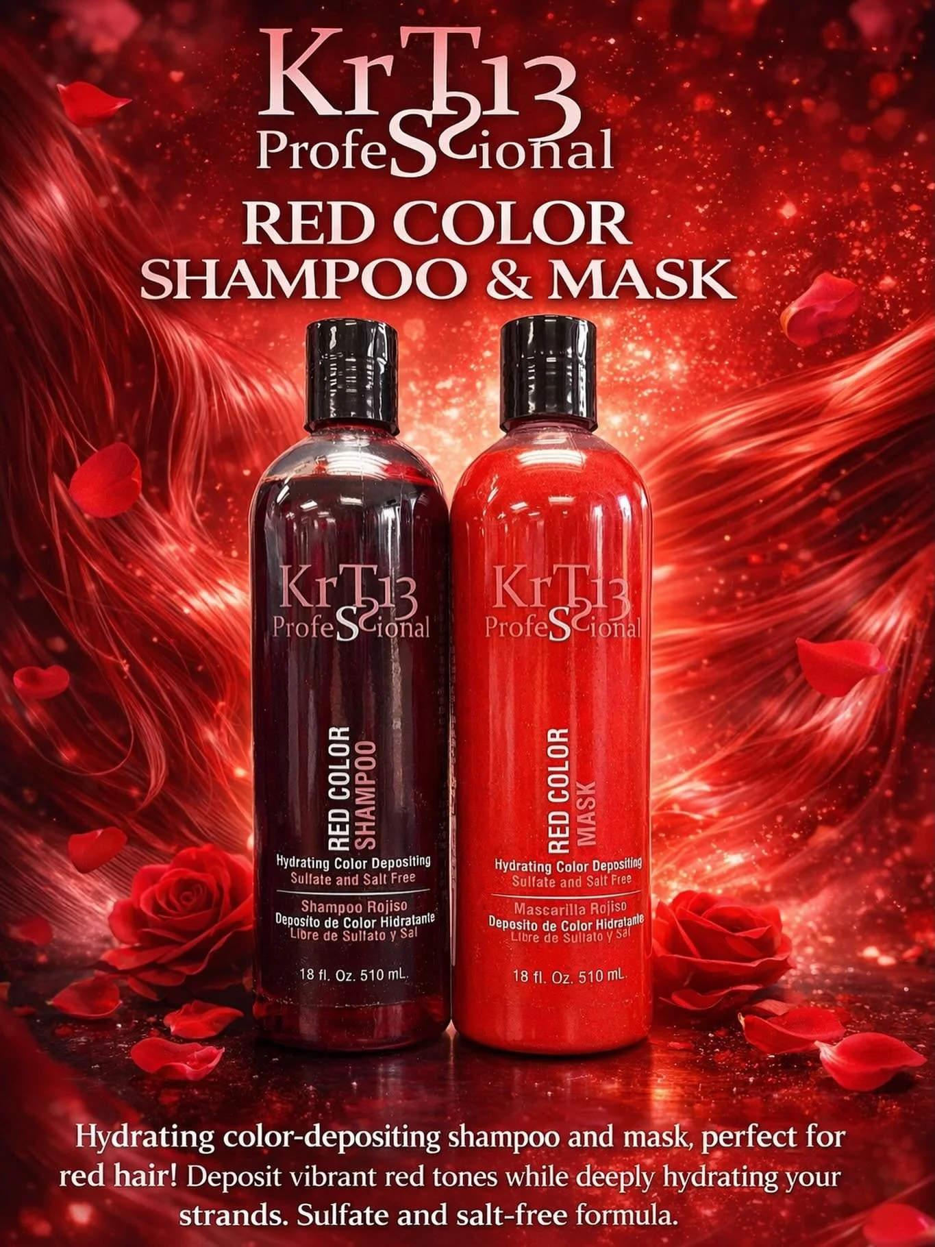 Shampoo y mascarilla hidratante depositadores de color, perfectos para cabello r&oacute;jo. Deposita tonos r&oacute;jizos vibrantes mientras hidratas profundamente tu cabello. F&oacute;rmula libre de sulfato y sal.

DISPONIBLE EN TODAS NUESTRAS TIEND
