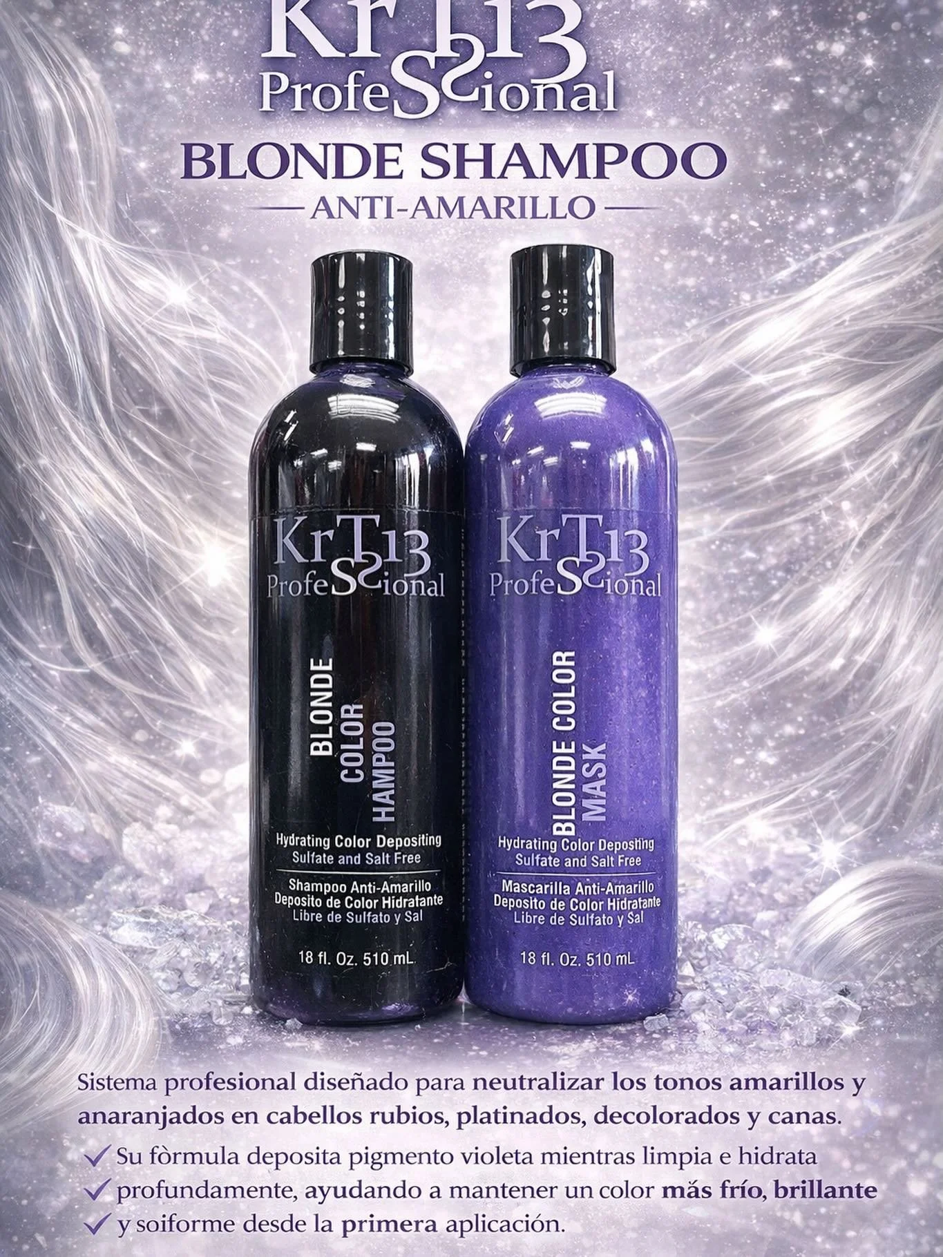 Sistema profesional dise&ntilde;ado para neutralizar los tonos amarillos y anaranjados en cabellos rubios, platinados, decolorados y canas.

-Su f&ograve;rmula deposita pigmento violeta mientras limpia e hidrata
-profundamente, ayudando a mantener un