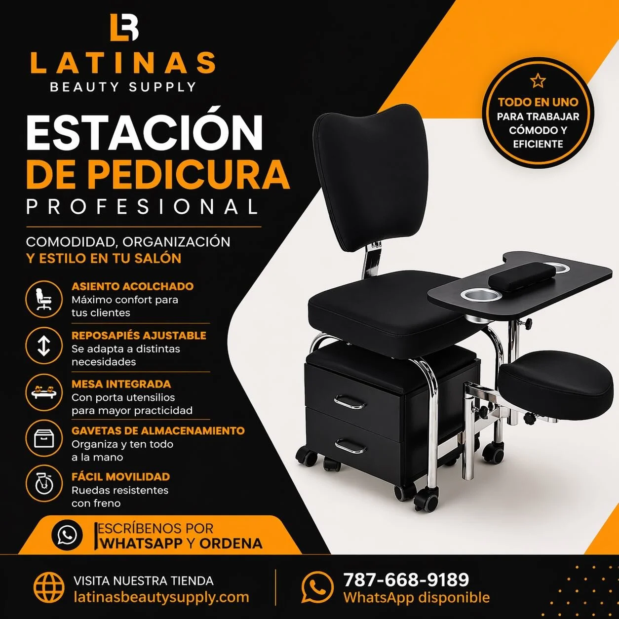 ✨ ESTACI&Oacute;N DE PEDICURA PROFESIONAL ✨

Todo en un solo equipo para trabajar c&oacute;modo y eficiente 💯

✔️ Asiento acolchado c&oacute;modo
✔️ Reposapi&eacute;s ajustable
✔️ Mesa integrada con porta utensilios
✔️ Gavetas para almacenamiento
✔️