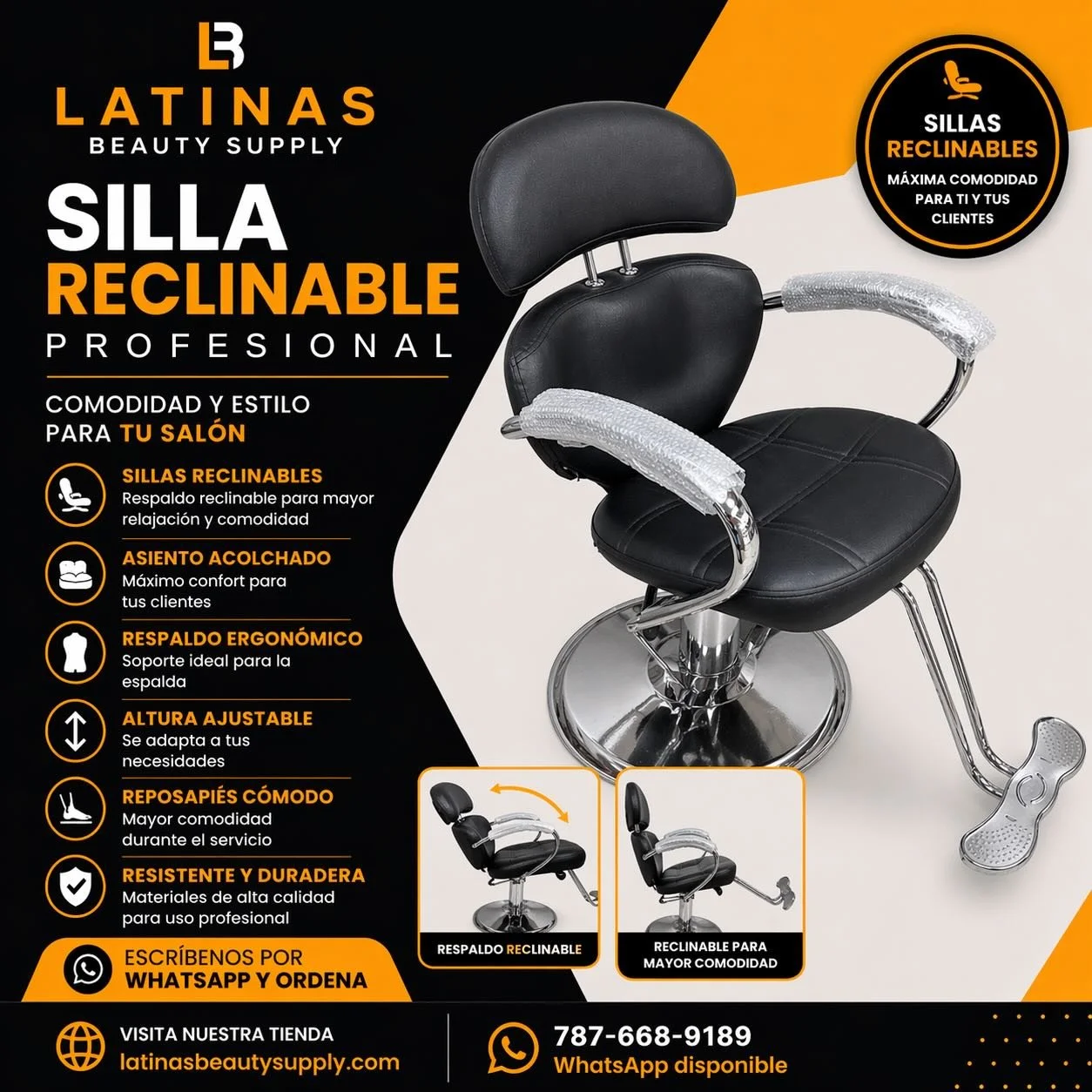 ✨ SILLA RECLINABLE PROFESIONAL ✨

Lleva la comodidad de tu sal&oacute;n a otro nivel 💯

✔️ Respaldo reclinable para mayor confort
✔️ Asiento acolchado s&uacute;per c&oacute;modo
✔️ Dise&ntilde;o ergon&oacute;mico
✔️ Altura ajustable
✔️ Reposapi&eacu
