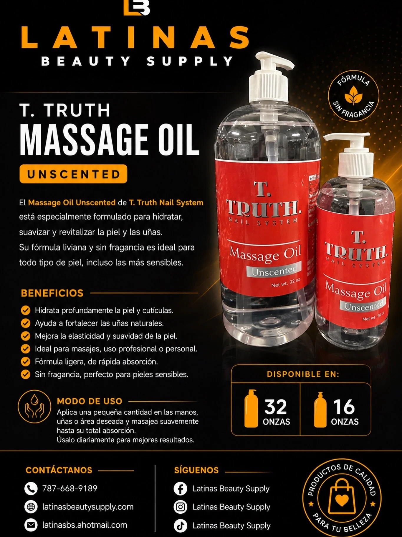 ✨ Dale a tu piel el cuidado que merecen con el nuevo T. TRUTH Massage Oil Unscented 💆&zwj;♀️💅
F&oacute;rmula ligera, sin fragancia y perfecta para hidratar, suavizar y revitalizar la piel y cut&iacute;culas. Ideal para uso profesional o personal.

