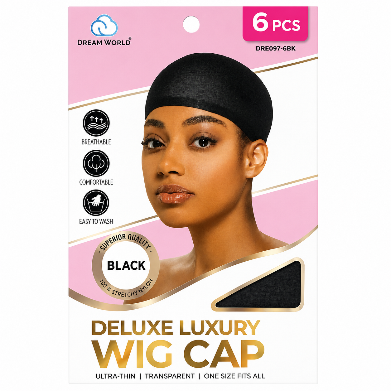 DREAM WORLD DELUXE WIG CAP  BLACK 6PCS