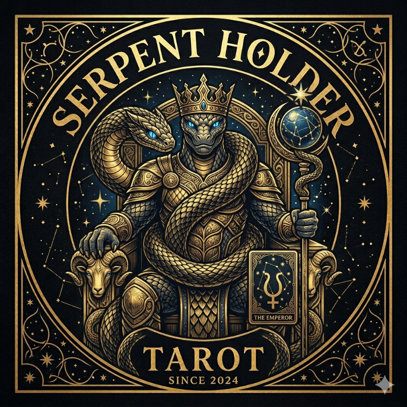 A tarot card titled "Serpent Holder" features a crowned humanoid figure with a snake wrapped around their body, holding a staff with a globe and star. The figure has a snake head at the back, a lion and a smaller snake on their shoulders. The card ha