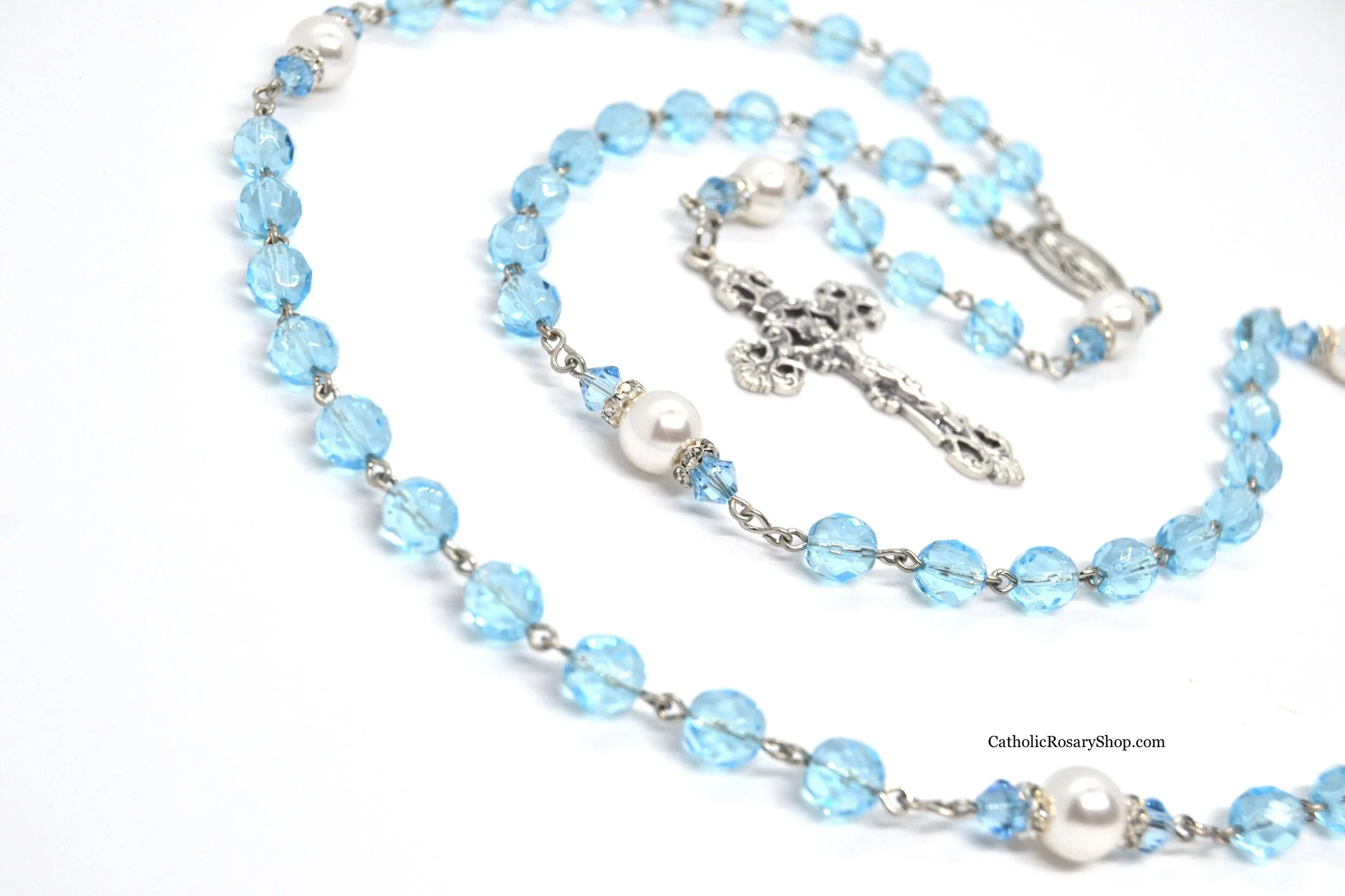 Aquamarine Crystal and White Pearl | Aquamarine Birthstone Rosary