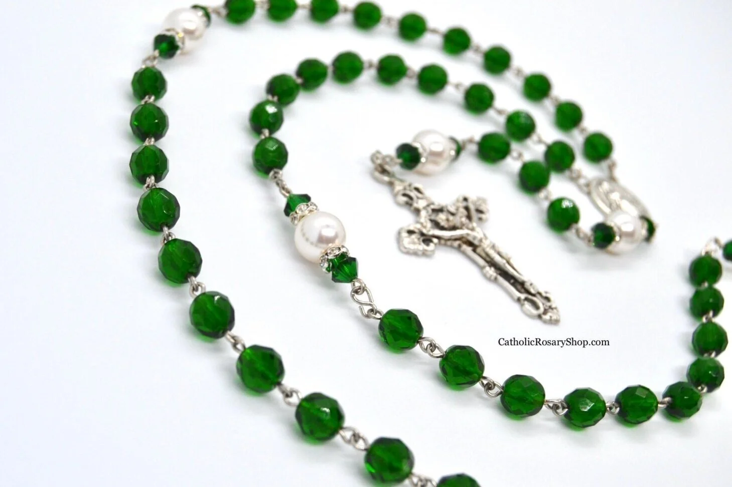 Emerald and White Genuine Crystal Pearl | May Birthstone Rosary