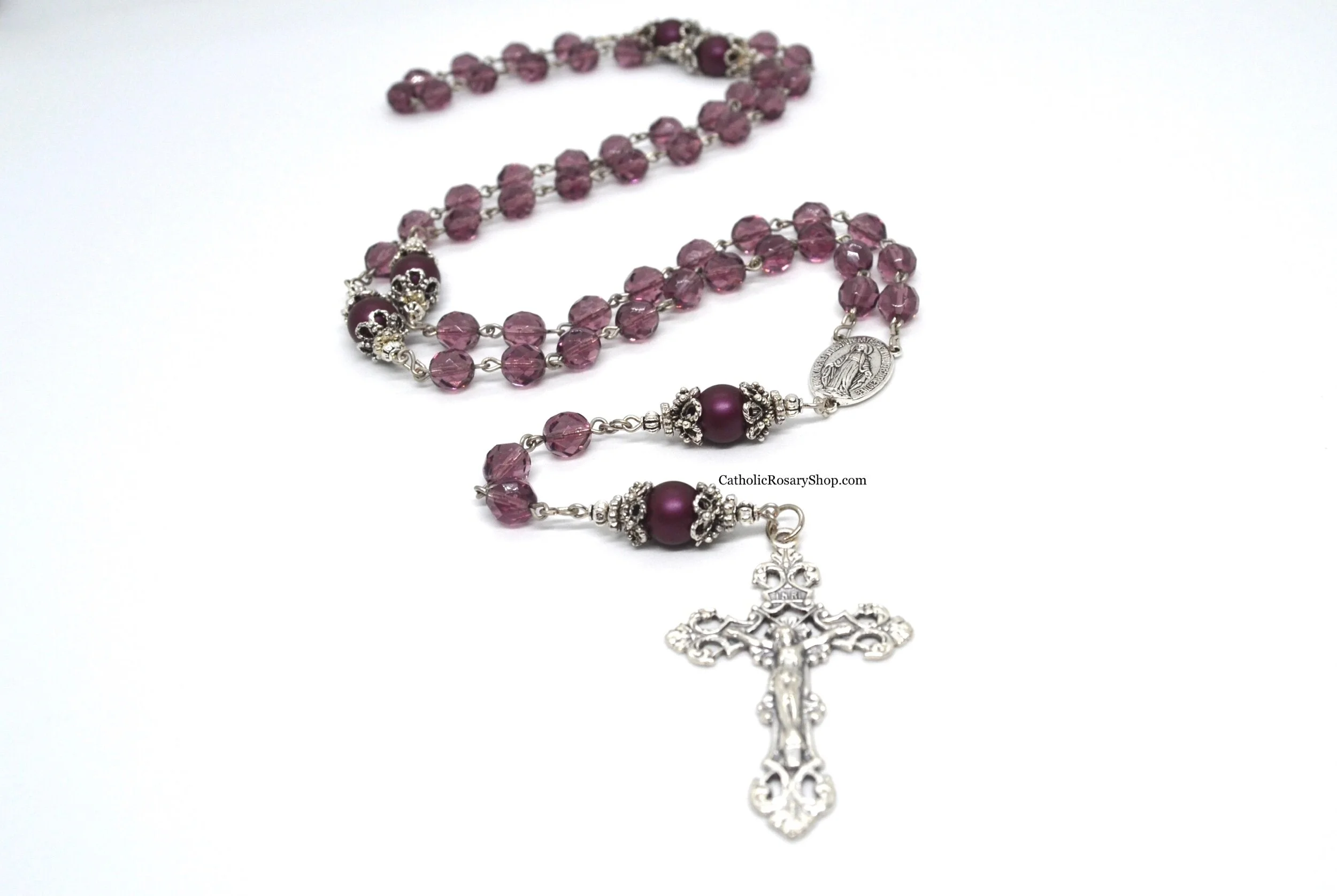 Dark Amethyst Crystal and Pearl Rosary  | February Birthstone Rosary