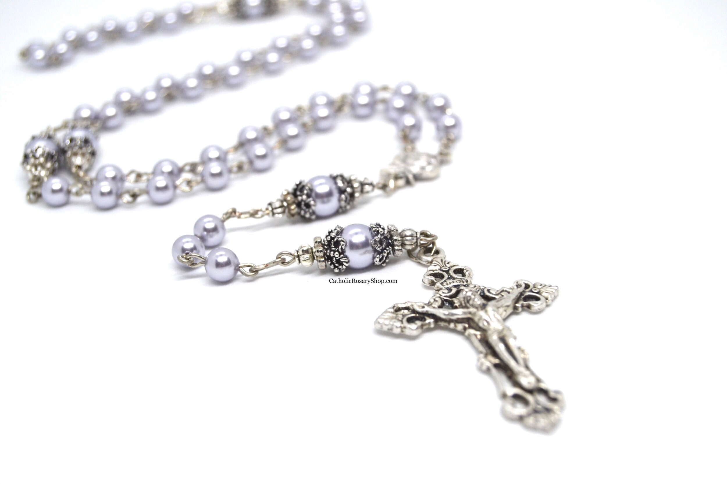 Lavender Genuine Crystal Pearl Rosary for Girls and Women | Personalized Rosaries for Baptism, First Communion and Confirmation