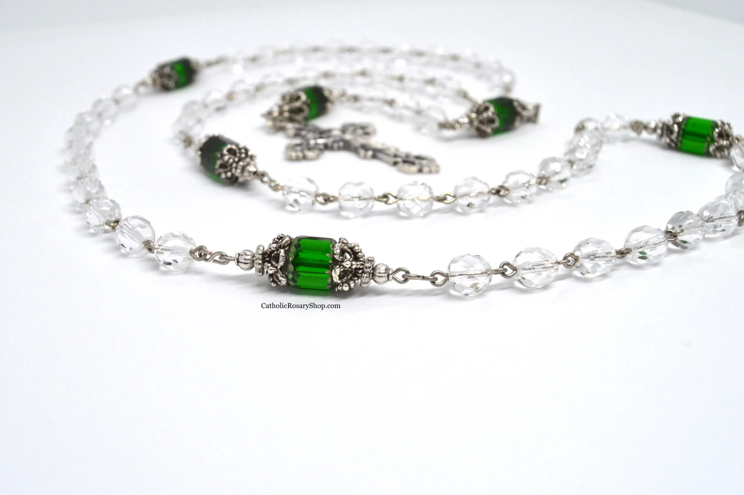 Emerald and Clear Crystal Rosary | Personalized Emerald Birthstone Rosary for Women | Emerald Birthstone Rosary Gifts