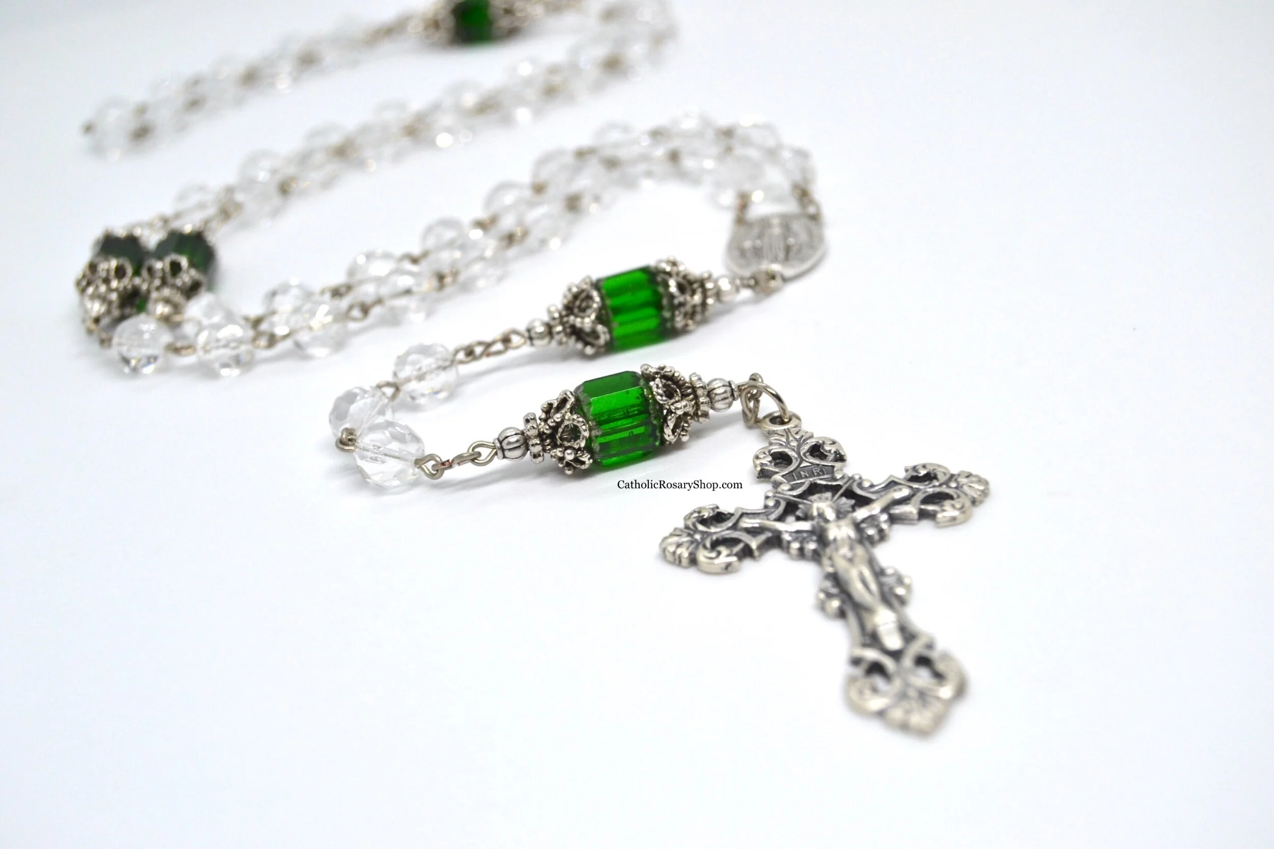 Emerald and White Glass Crystal Rosary