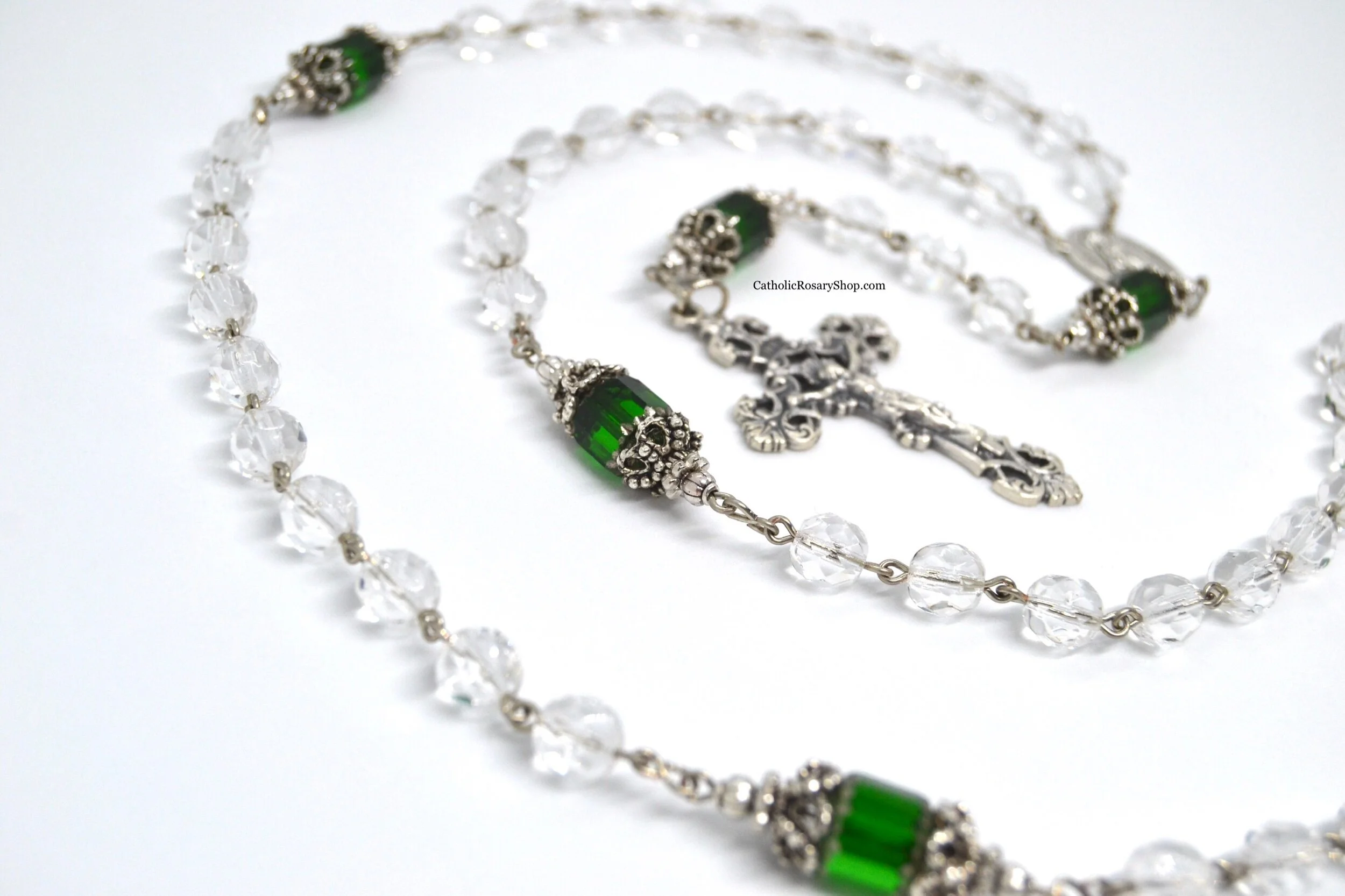 Emerald and Clear Crystal Rosary | Personalized Emerald Birthstone Rosary for Women | Emerald Birthstone Rosary Gifts