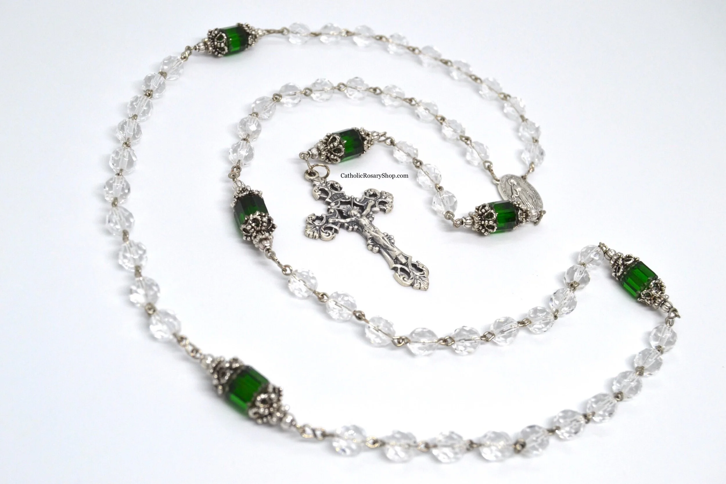 Emerald and Clear Crystal Rosary | Personalized Emerald Birthstone Rosary for Women | Emerald Birthstone Rosary Gifts