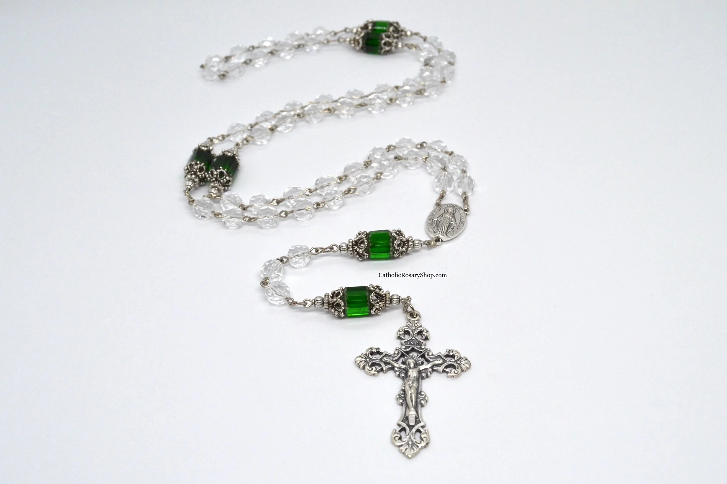 Emerald and Clear Crystal Rosary | Personalized Emerald Birthstone Rosary for Women | Emerald Birthstone Rosary Gifts