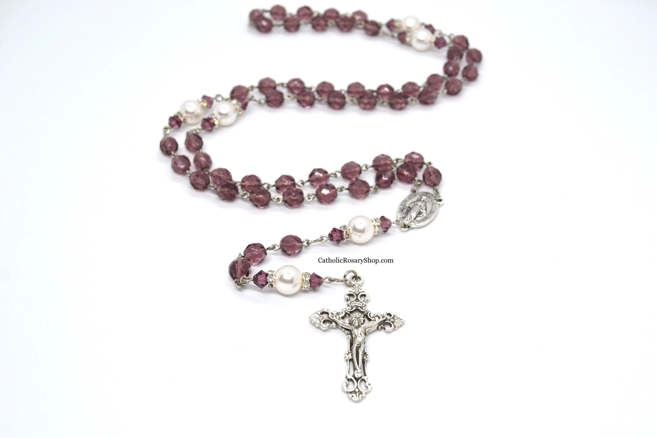Amethyst and White Pearl Birthstone Rosary | Personalized Birthstone Rosary Gifts for Men and Women | CatholicRosaryShop.com