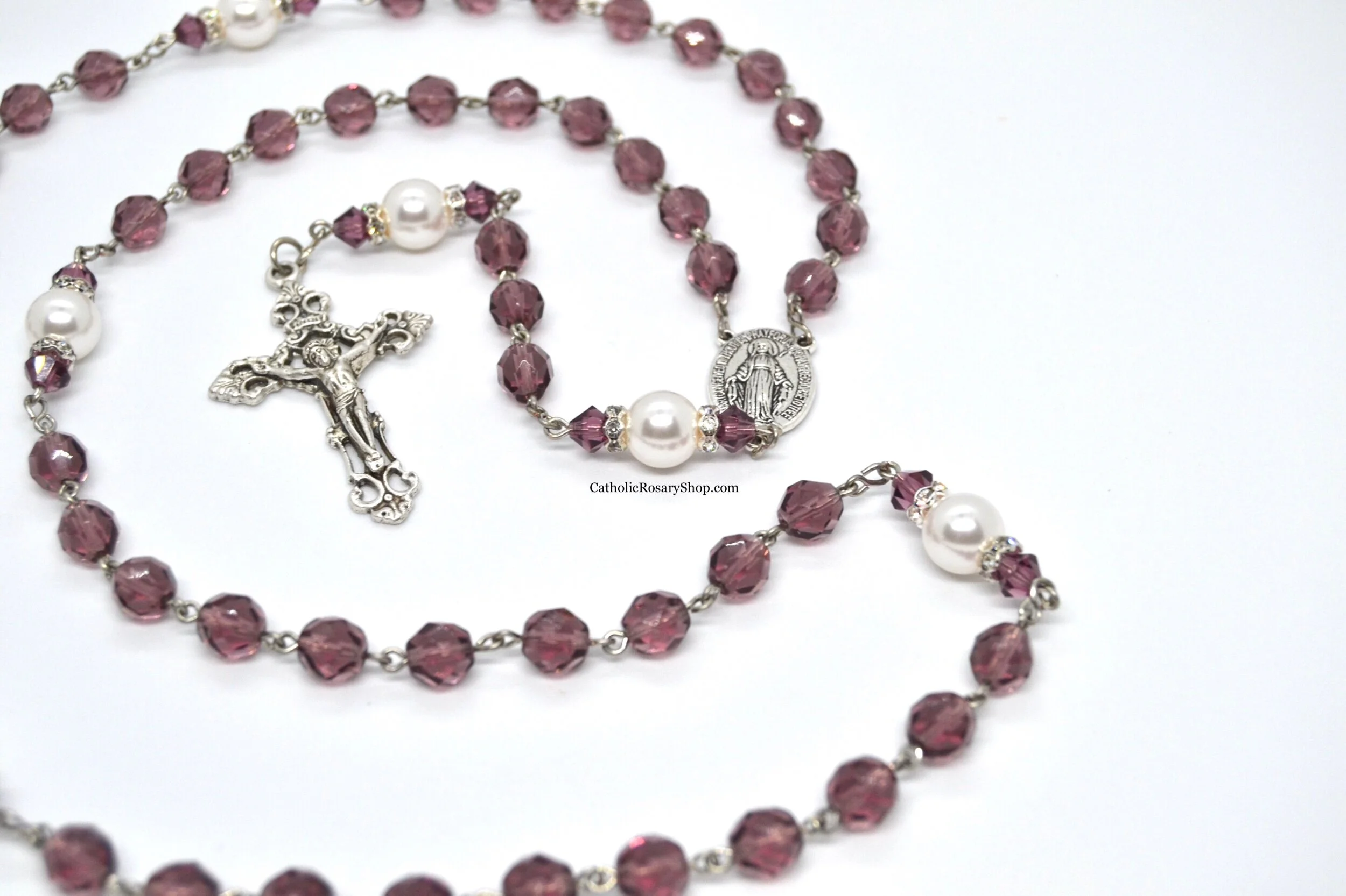 Amethyst and White Pearl Birthstone Rosary | Personalized Birthstone Rosary Gifts for Men and Women | CatholicRosaryShop.com