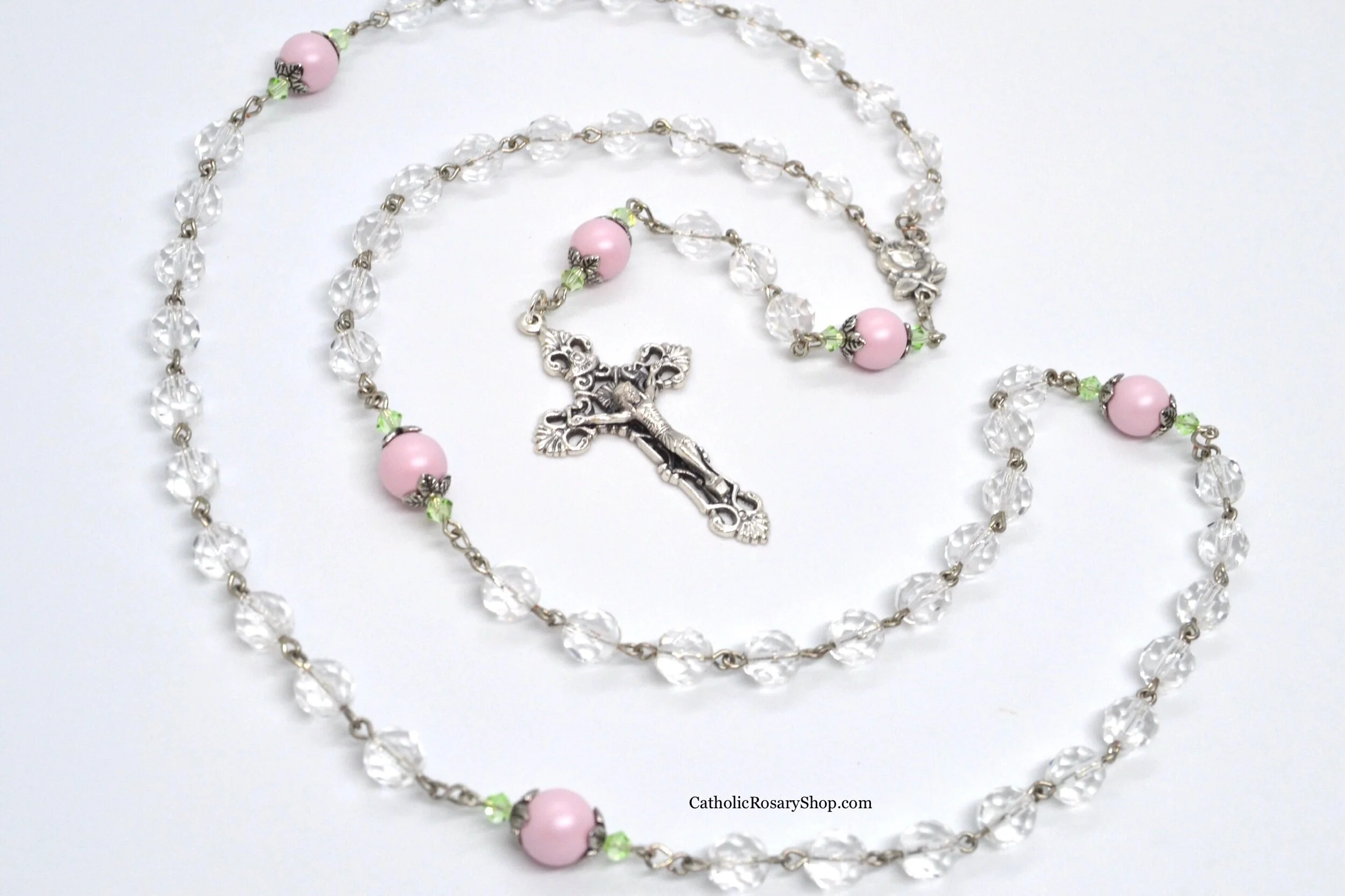 Pink Rose Bud and Clear Crystal Rosary
