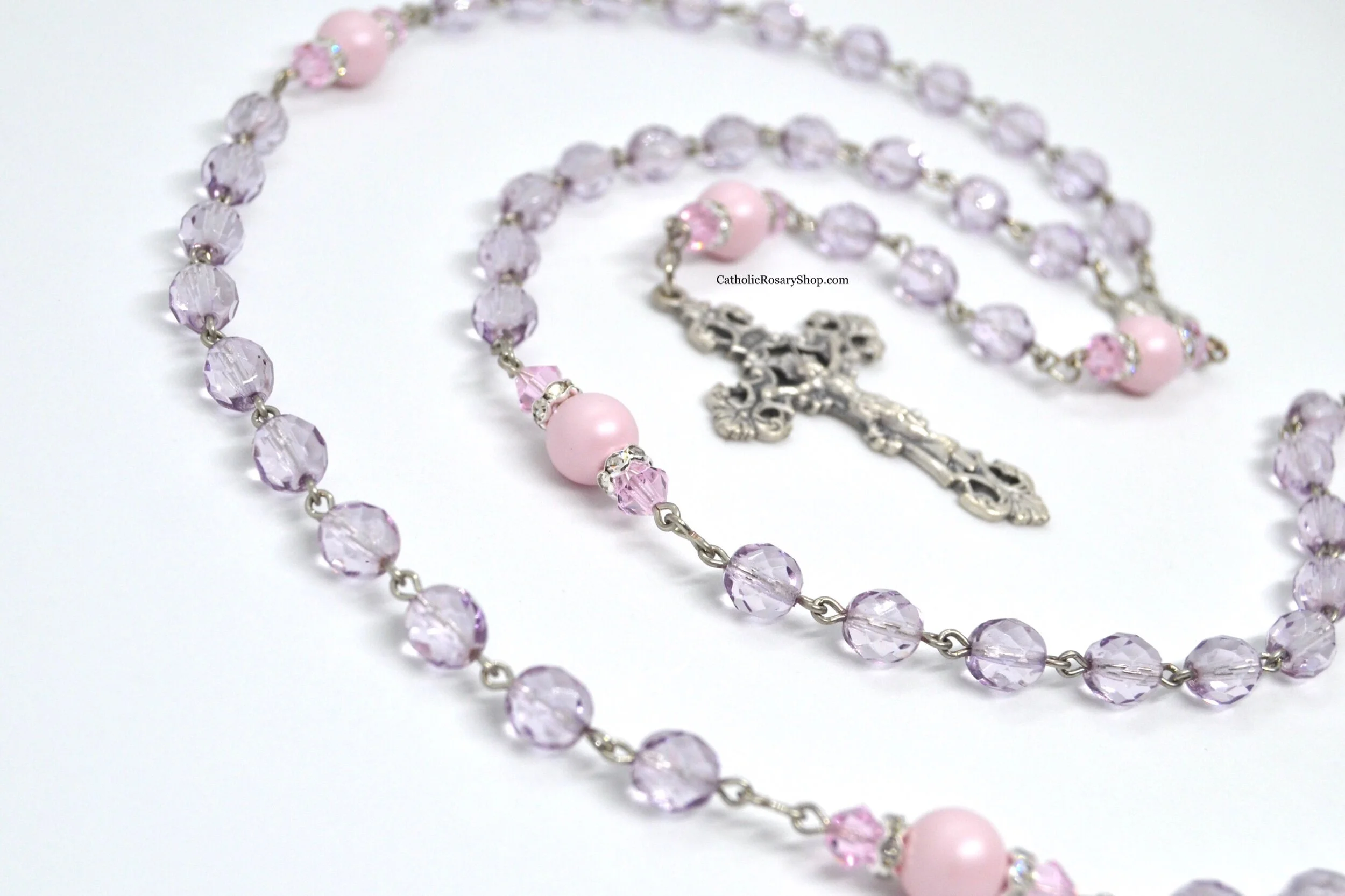 Pastel Pink Pearl and Purple Crystal Rosary