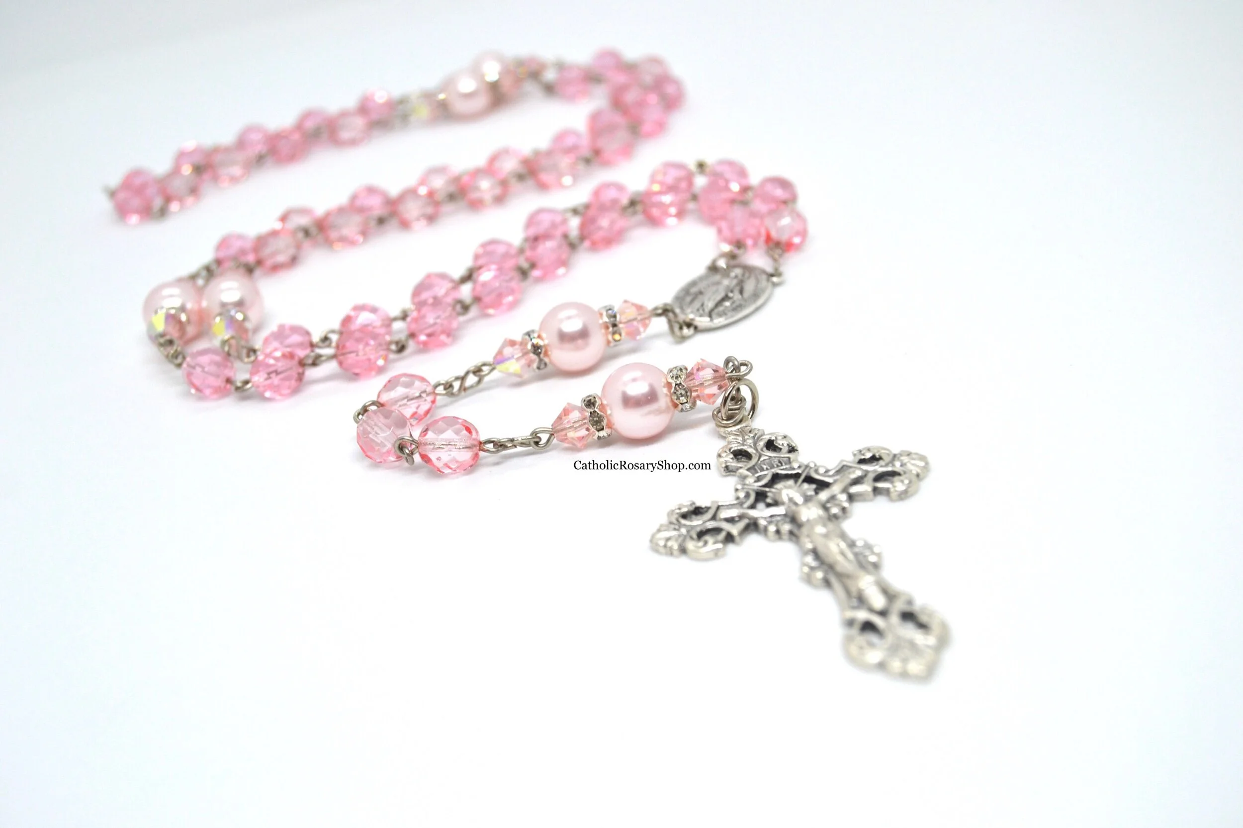 Pink Crystal and Pink Pearl Genuine Crystal Rosary | Girl's Rosary for Baptism, First Communion or Quinceanera | Personalized Rosary Gifts for Women
