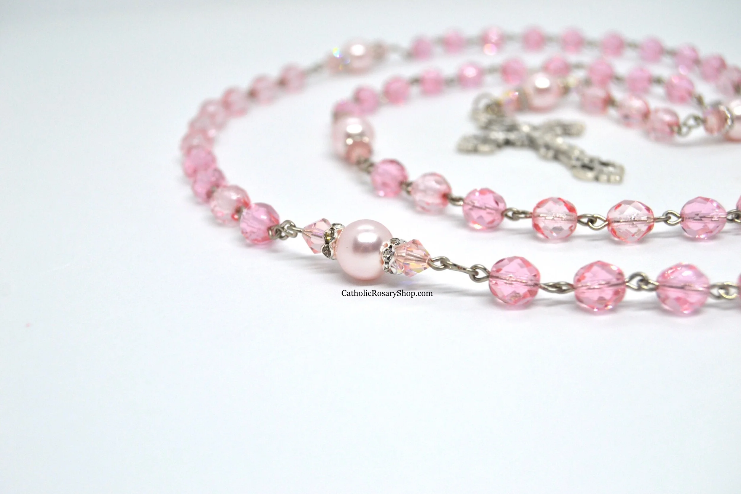 Pink Crystal and Pink Pearl Genuine Crystal Rosary | Girl's Rosary for Baptism, First Communion or Quinceanera | Personalized Rosary Gifts for Women