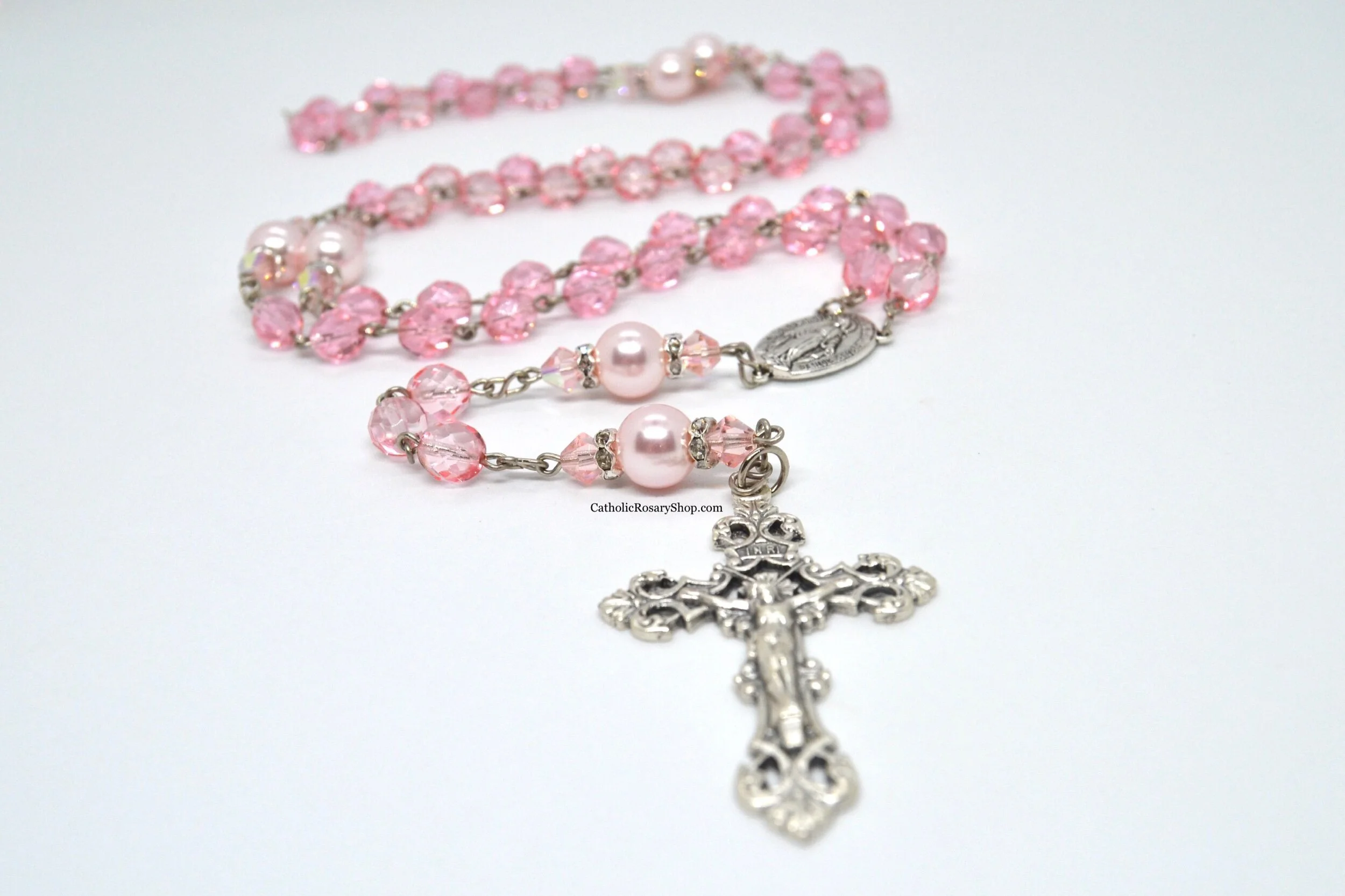 Pink Crystal and Pink Pearl Genuine Crystal Rosary | Girl's Rosary for Baptism, First Communion or Quinceanera | Personalized Rosary Gifts for Women