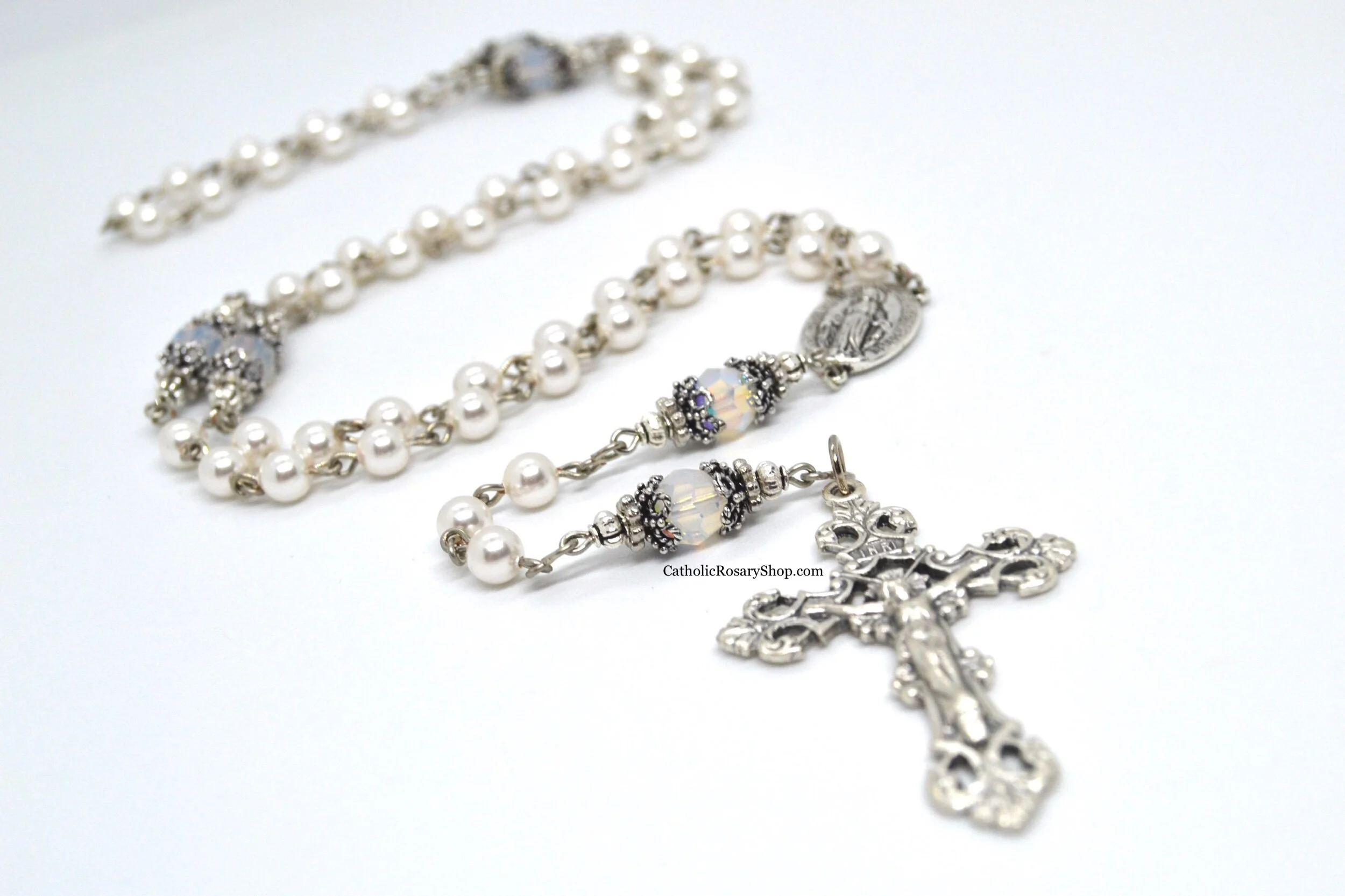Opal Birthstone Rosary | Opal Crystal and White Pearl Rosary