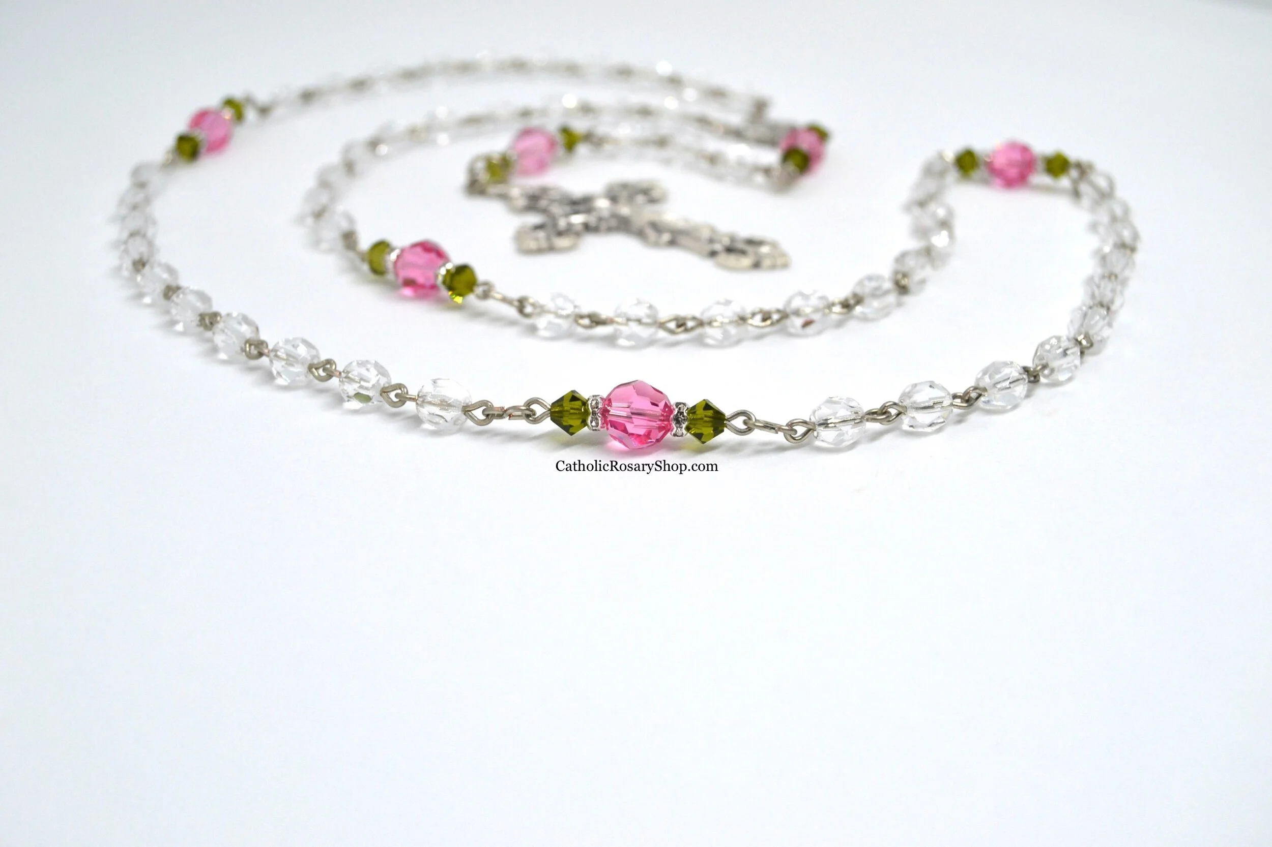 Swarovski Pink and Green Genuine Crystal Rosary | Personalized Rosaries for Women and Girls