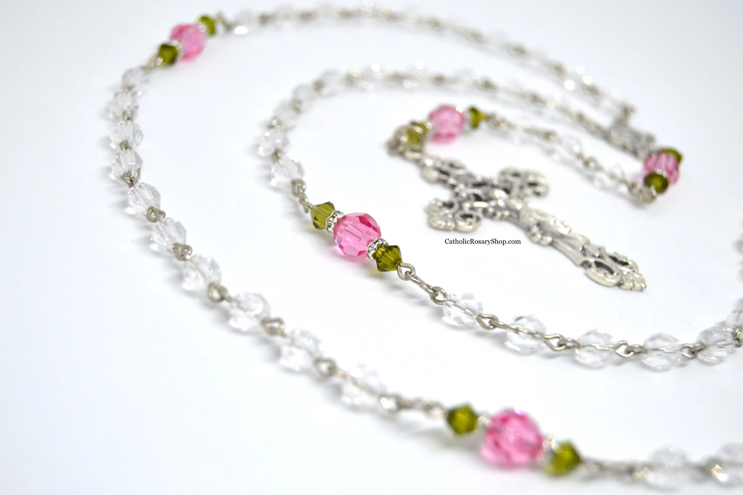 Pink and Green Genuine Crystal Rosary | Rose Bud Rosary
