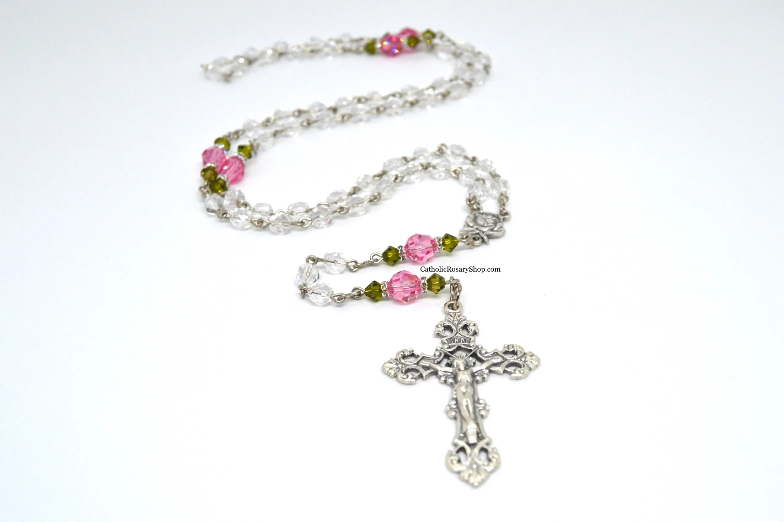 Swarovski Pink and Green Genuine Crystal Rosary | Personalized Rosaries for Women and Girls