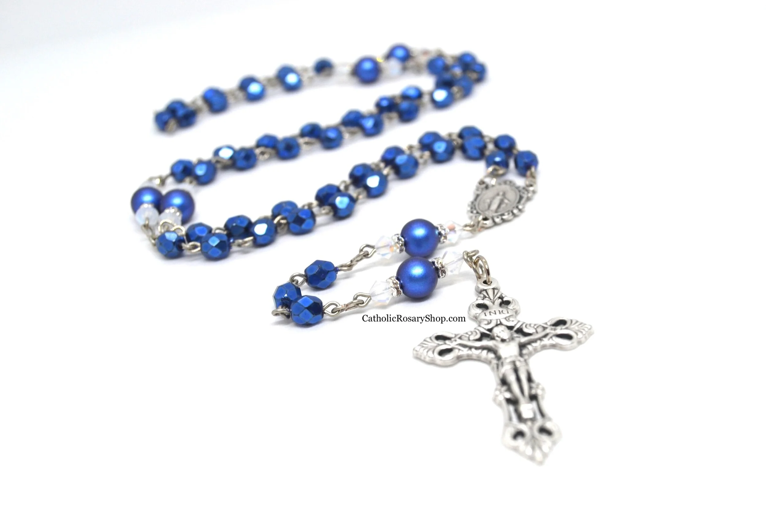 Metallic Blue and White Opal Rosary for Weddings | Personalized Weddings Rosaries | Custom Rosary Weddings Bouquet Wraps