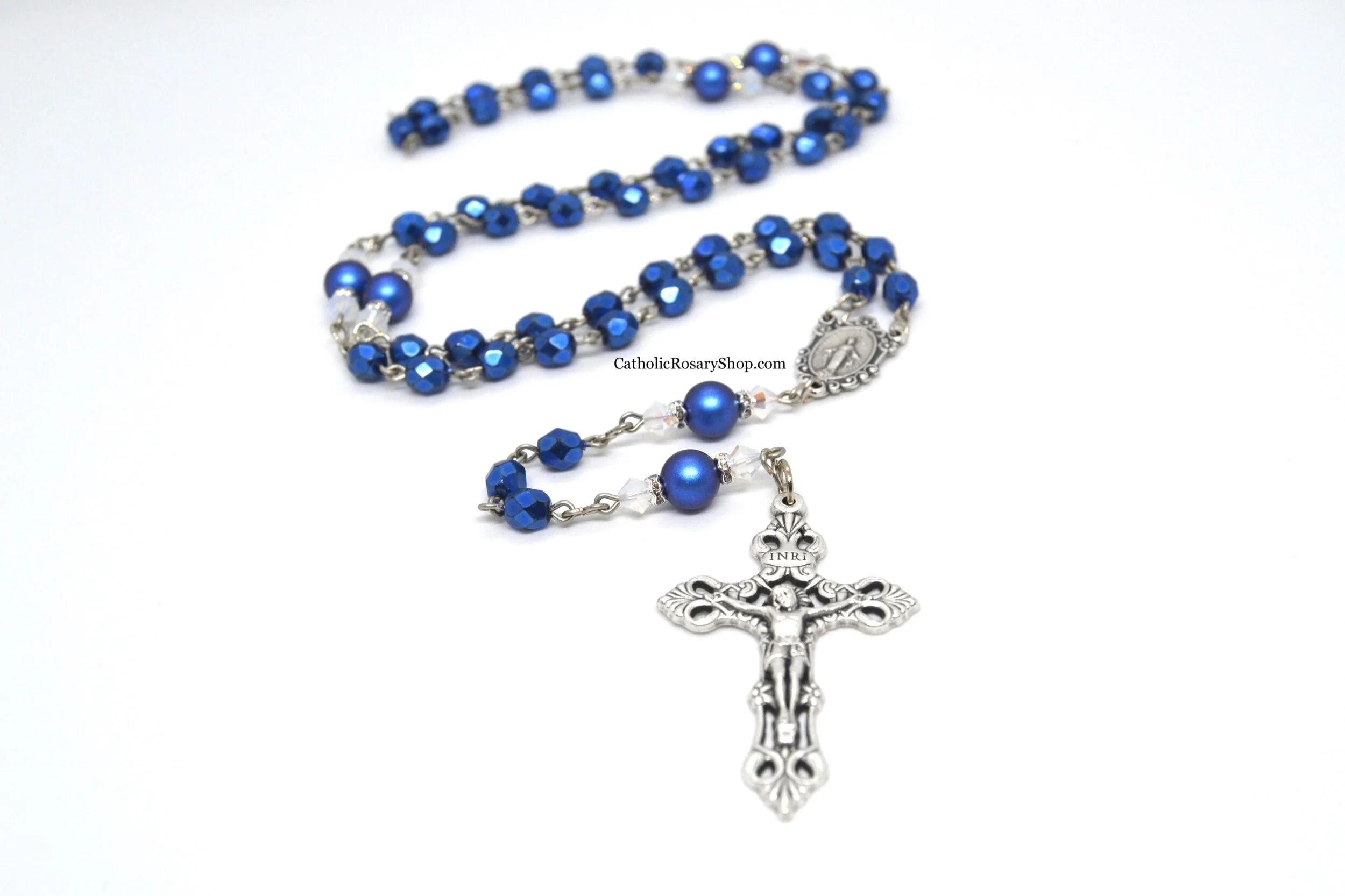 Metallic Blue and White Opal Rosary for Weddings | Personalized Weddings Rosaries | Custom Rosary Weddings Bouquet Wraps
