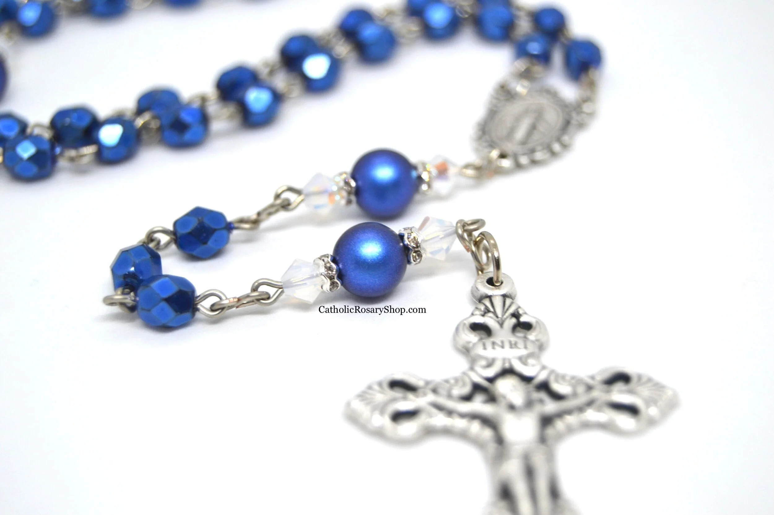 Metallic Blue and White Opal Rosary for Weddings | Personalized Weddings Rosaries | Custom Rosary Weddings Bouquet Wraps