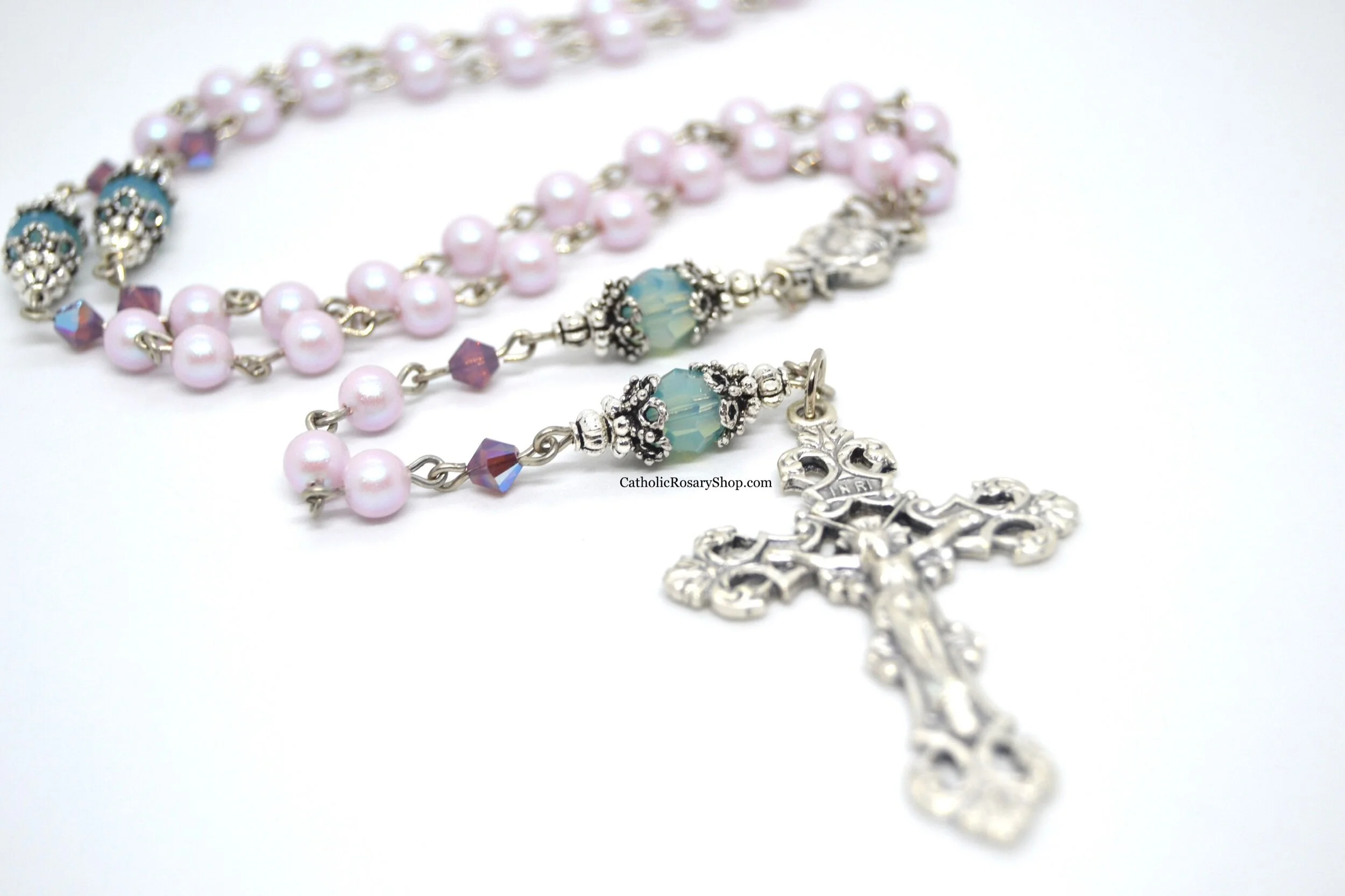 Dreamy Rose Pink and Mint Green Crystal and Pearl Rosary