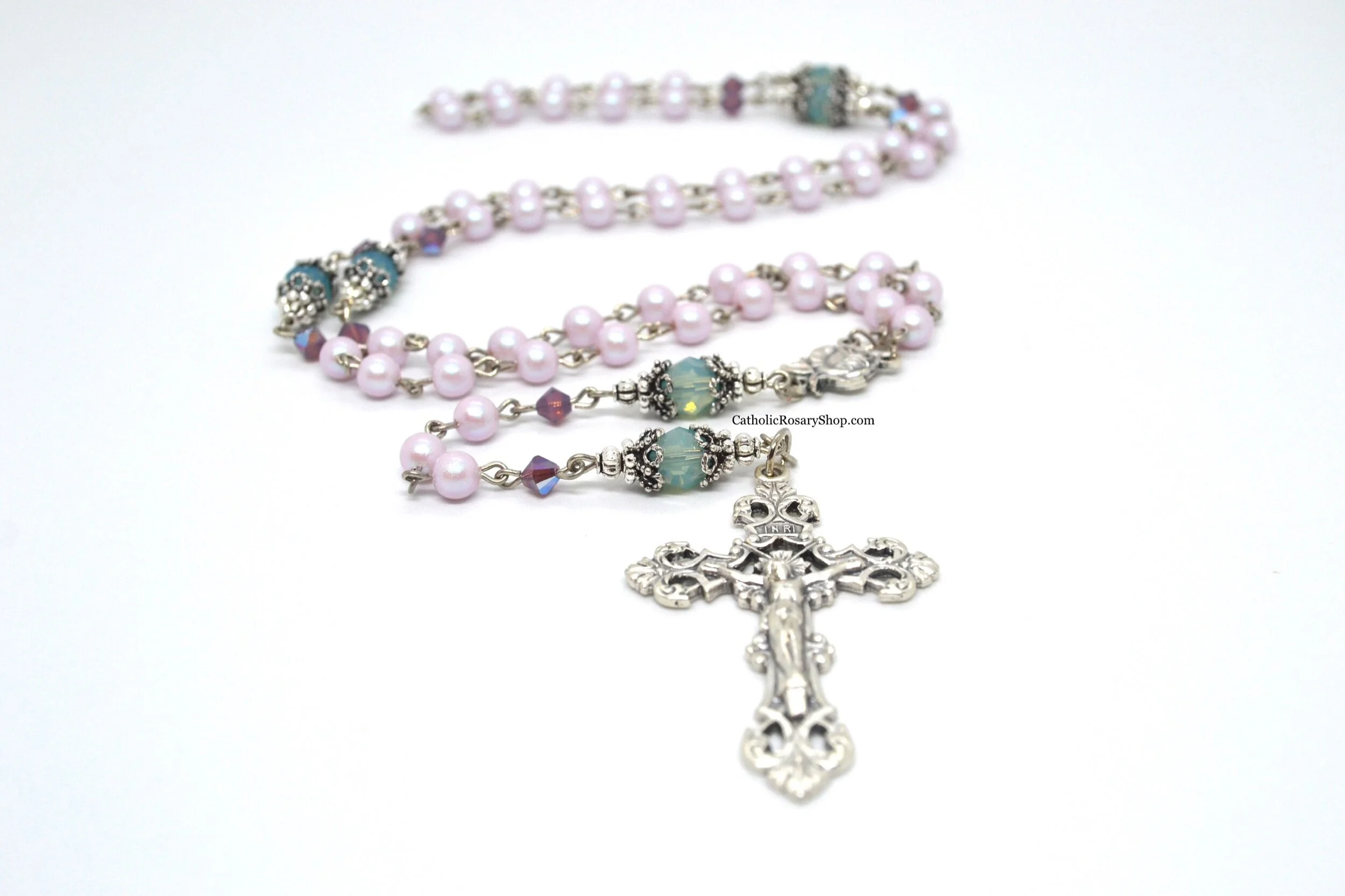 Dreamy Rose Pink and Mint Green Crystal and Pearl Rosary | Personalized Rosary Gifts for Women and Girl's Baptism, First Communion and Confirmation