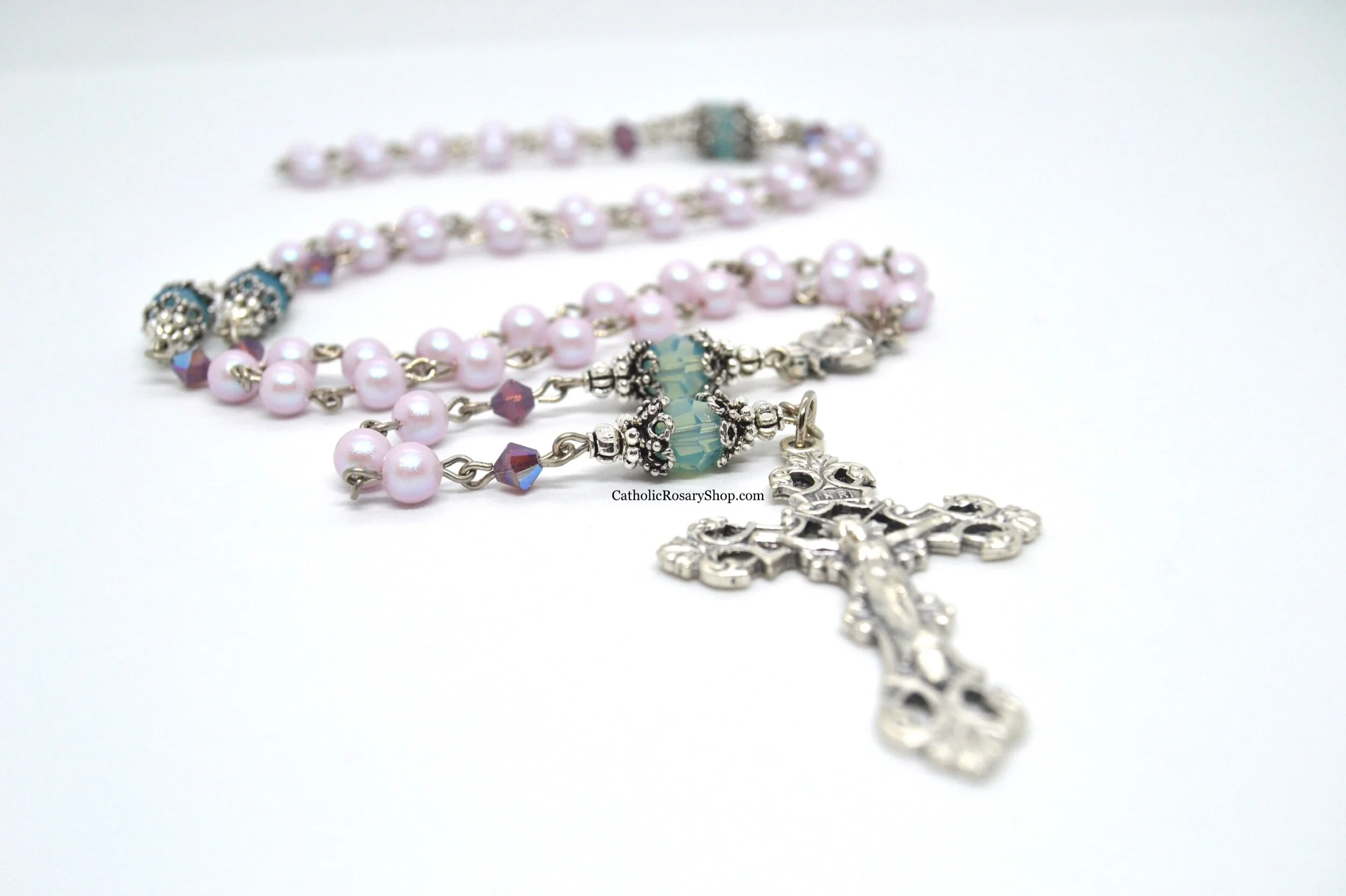 Dreamy Rose Pink and Mint Green Crystal and Pearl Rosary | Personalized Rosary Gifts for Women and Girl's Baptism, First Communion and Confirmation
