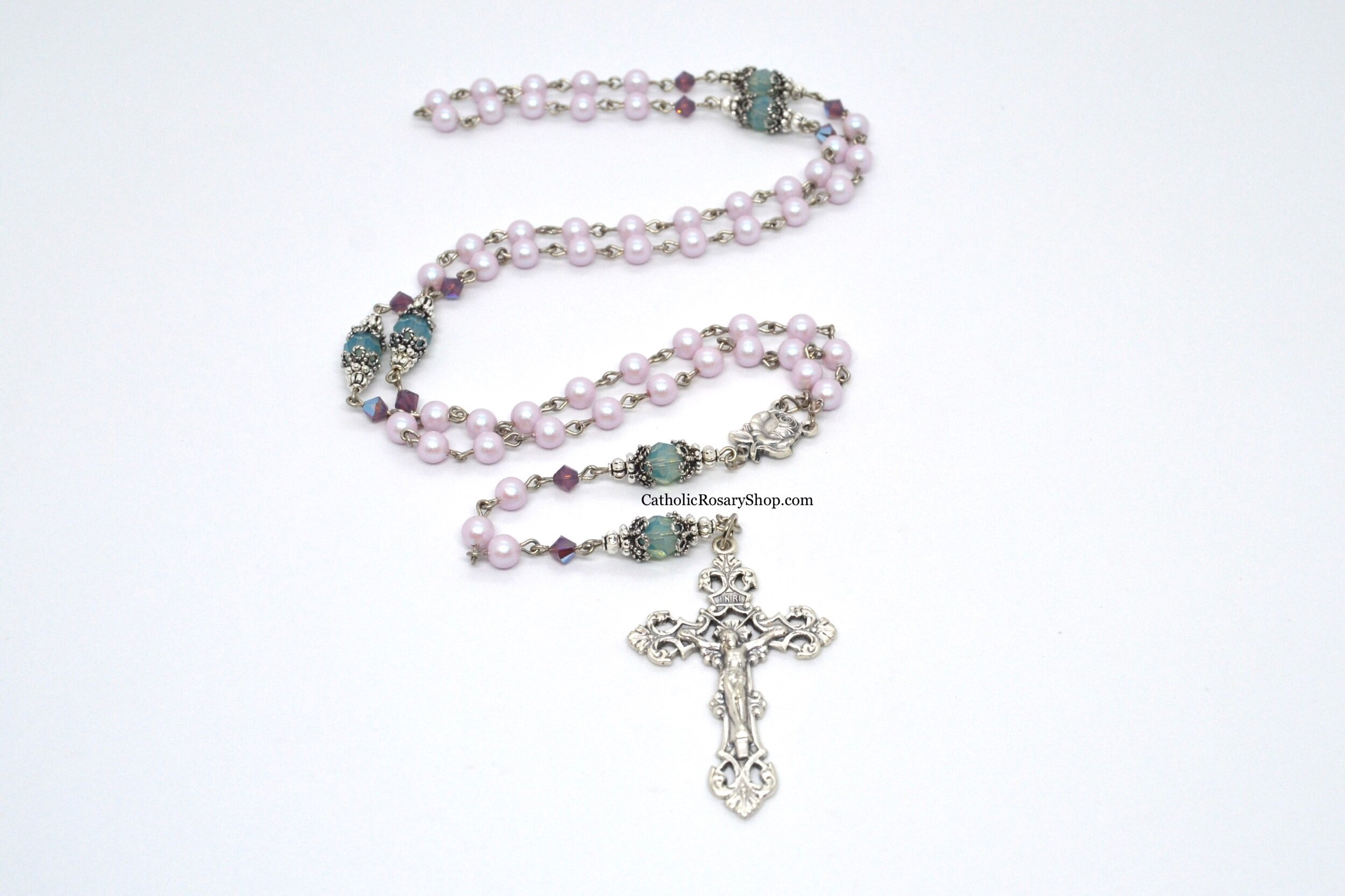 Dreamy Rose Pink and Mint Green Crystal and Pearl Rosary | Personalized Rosary Gifts for Women and Girl's Baptism, First Communion and Confirmation