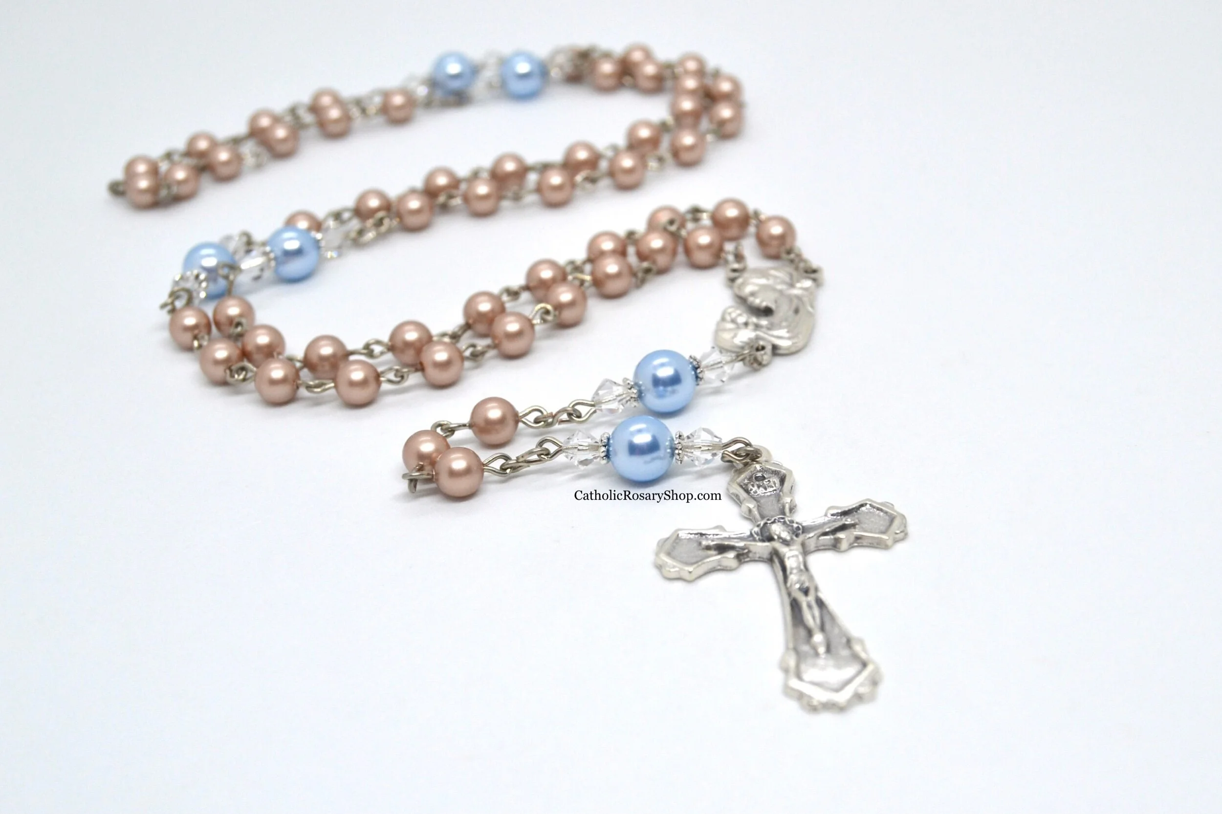 Light Brown and Light Blue Austrian Crystal Pearl Rosary for Baby Boy's Baptism or First Communion | Personalized Rosary Gifts | Baby Boy Keepsake | CatholicRosaryShop.com
