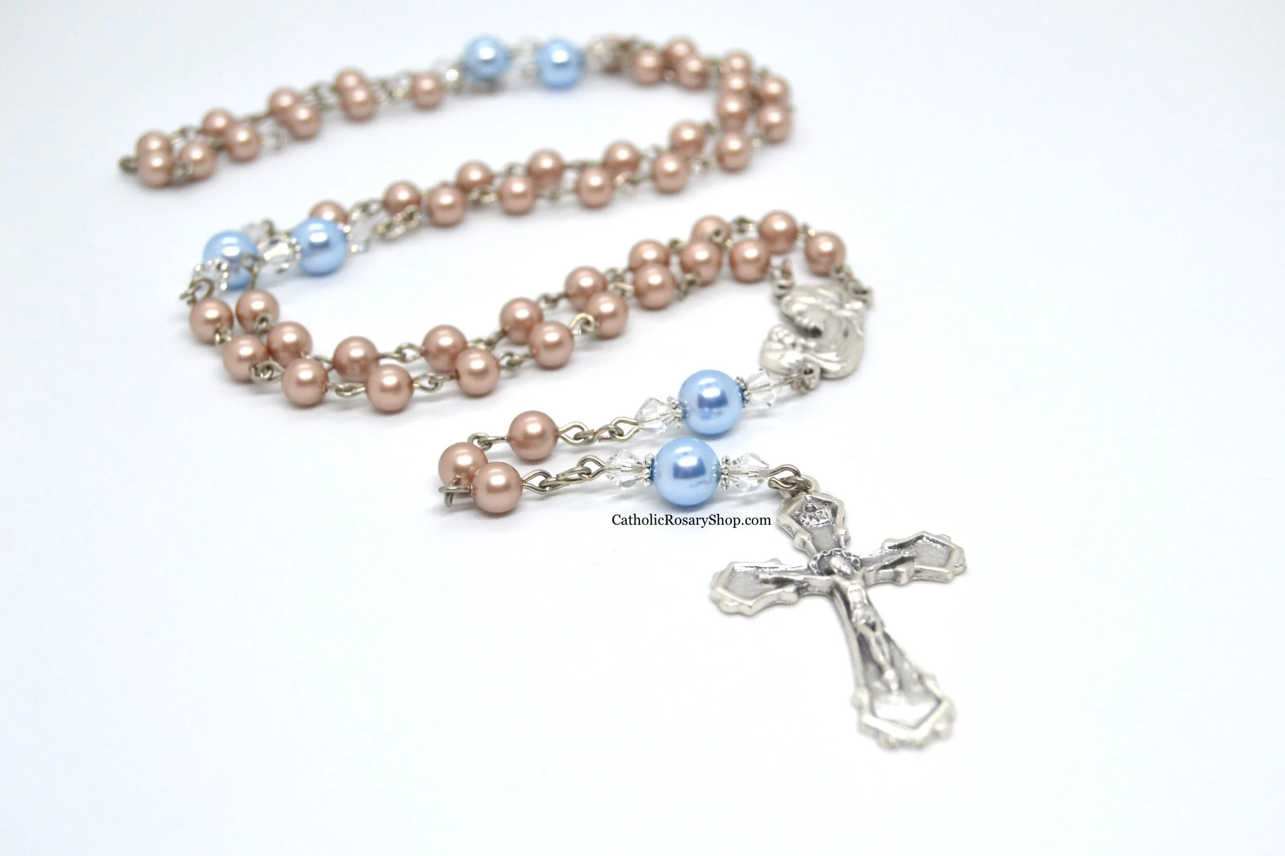 Light Brown and Light Blue Austrian Crystal Pearl Rosary for Baby Boy's Baptism or First Communion | Personalized Rosary Gifts | Baby Boy Keepsake | CatholicRosaryShop.com