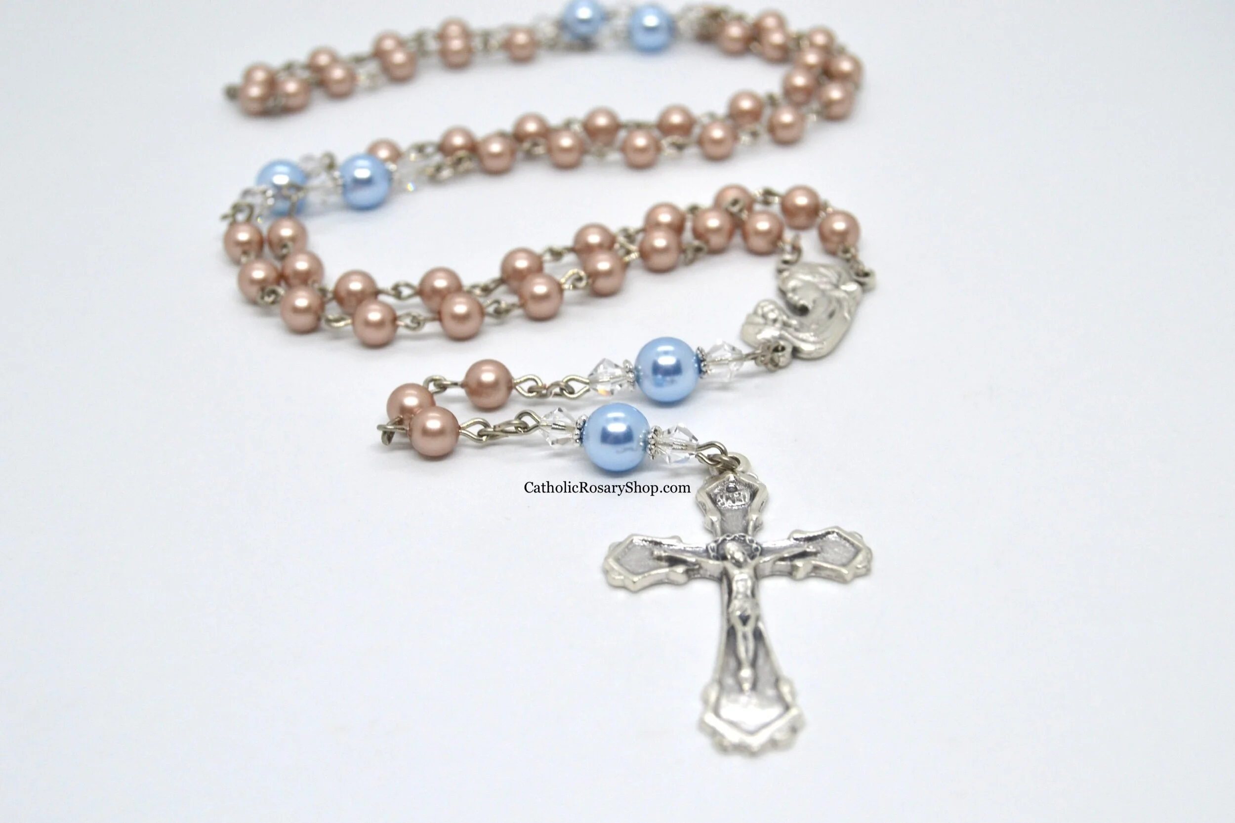Light Brown and Light Blue Austrian Crystal Pearl Rosary for Baby Boy's Baptism or First Communion | Personalized Rosary Gifts | Baby Boy Keepsake | CatholicRosaryShop.com